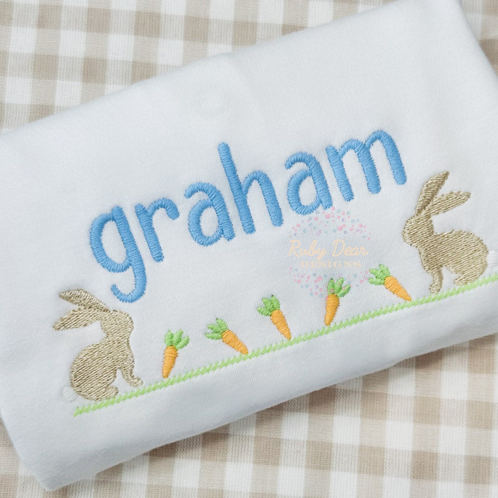 Easter Boy Bunny with Carrots Satin and Fill Stitch Machine Embroidery Design