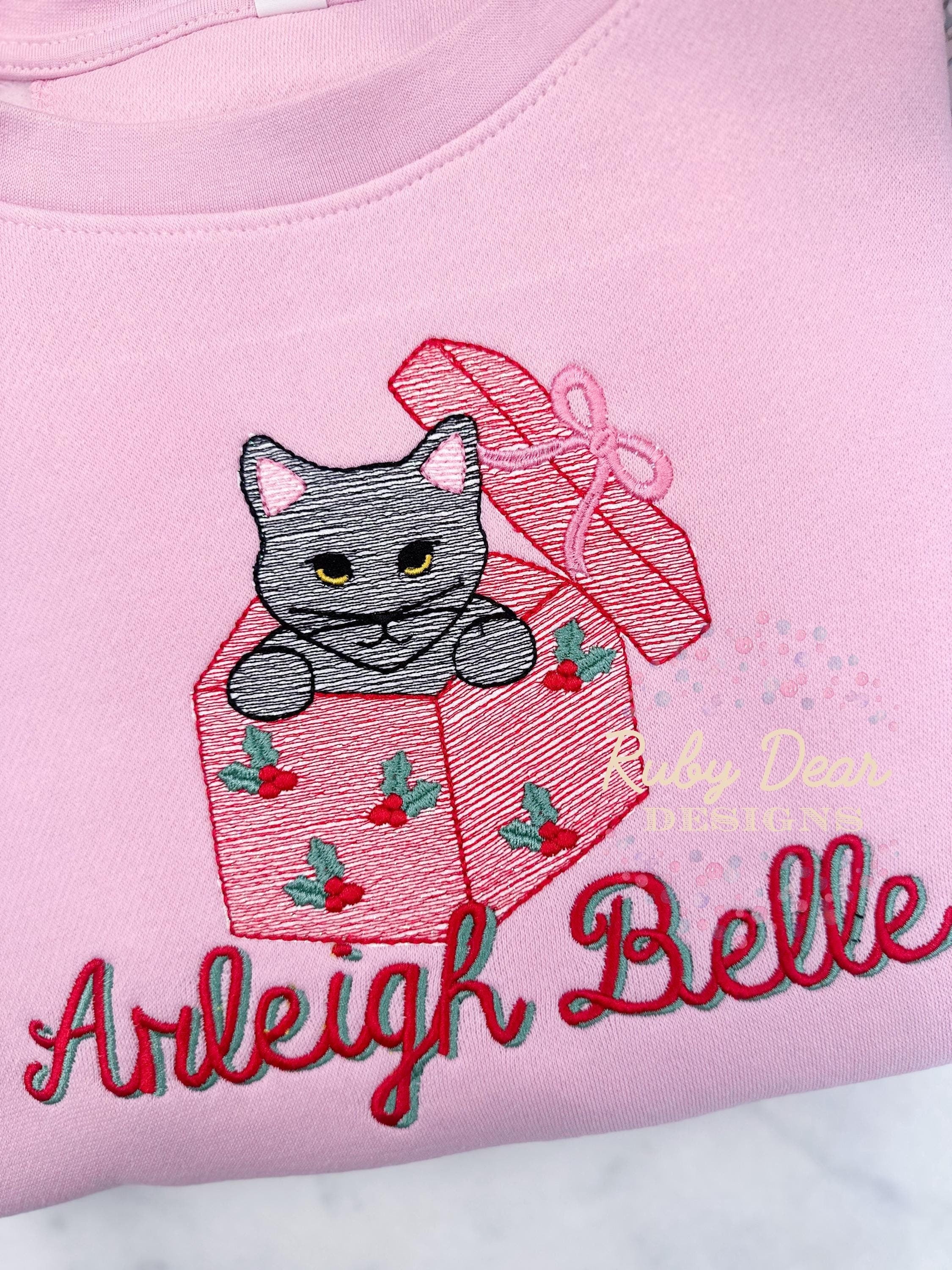 Kitty Christmas Gift Box with Holly Berry Accents Sketch and Satin Stitch Machine Embroidery Design