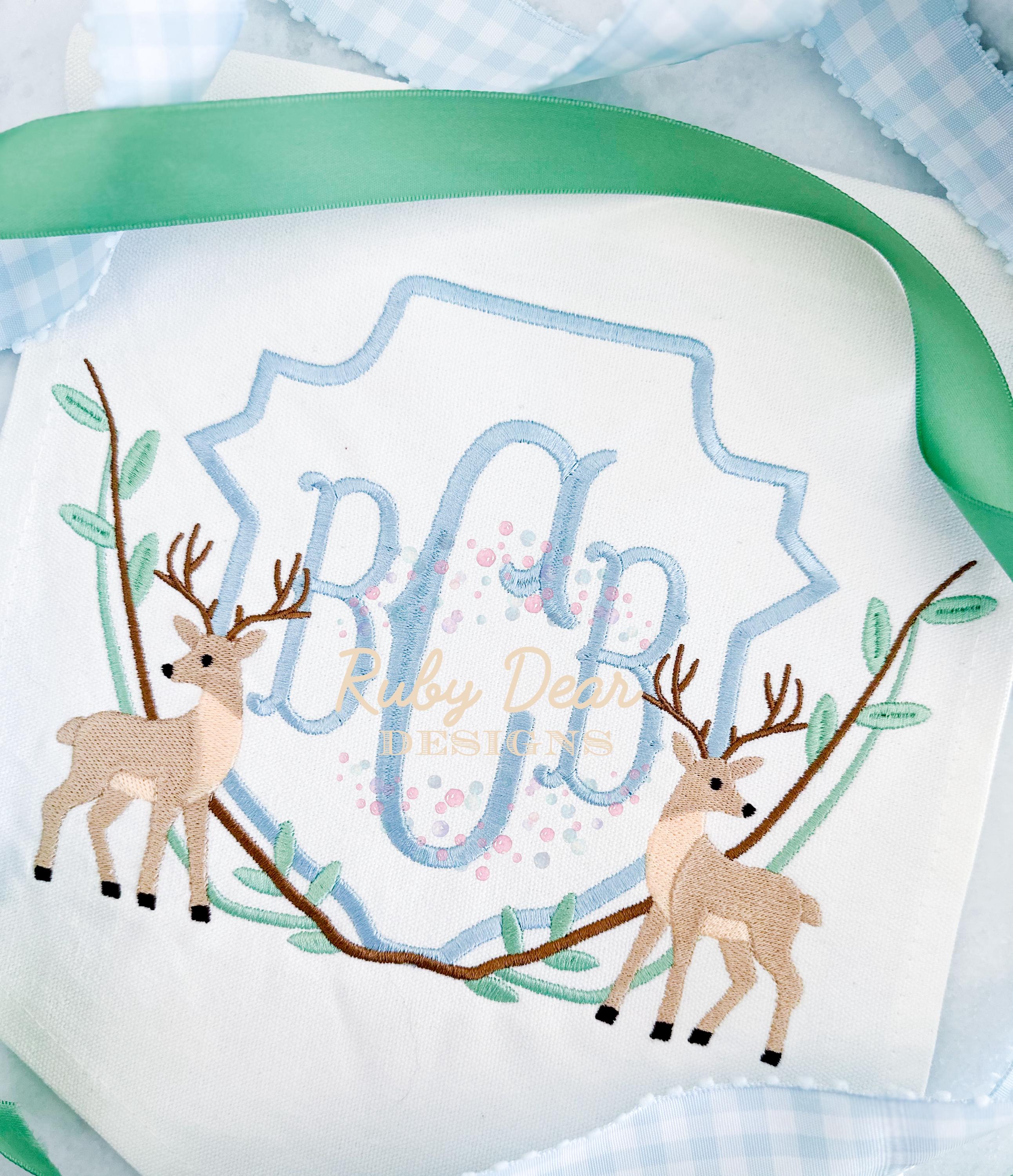 Buck Deer Crest with Leaves and Branches Fill and Satin Stitch Machine Embroidery Design