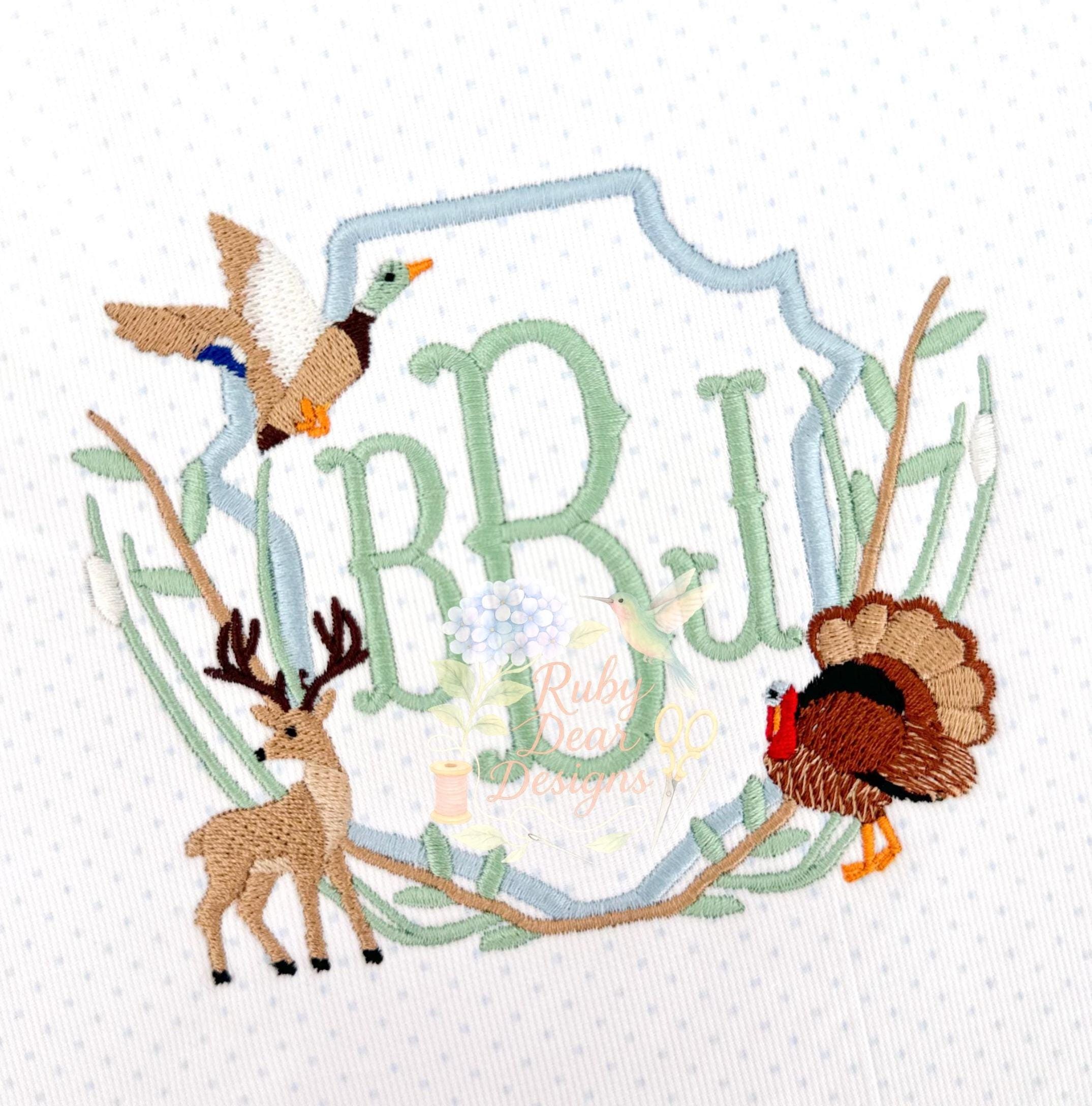 Wild Game Deer Turkey Mallard Crest with Grass Reeds and Branches Machine Embroidery Design