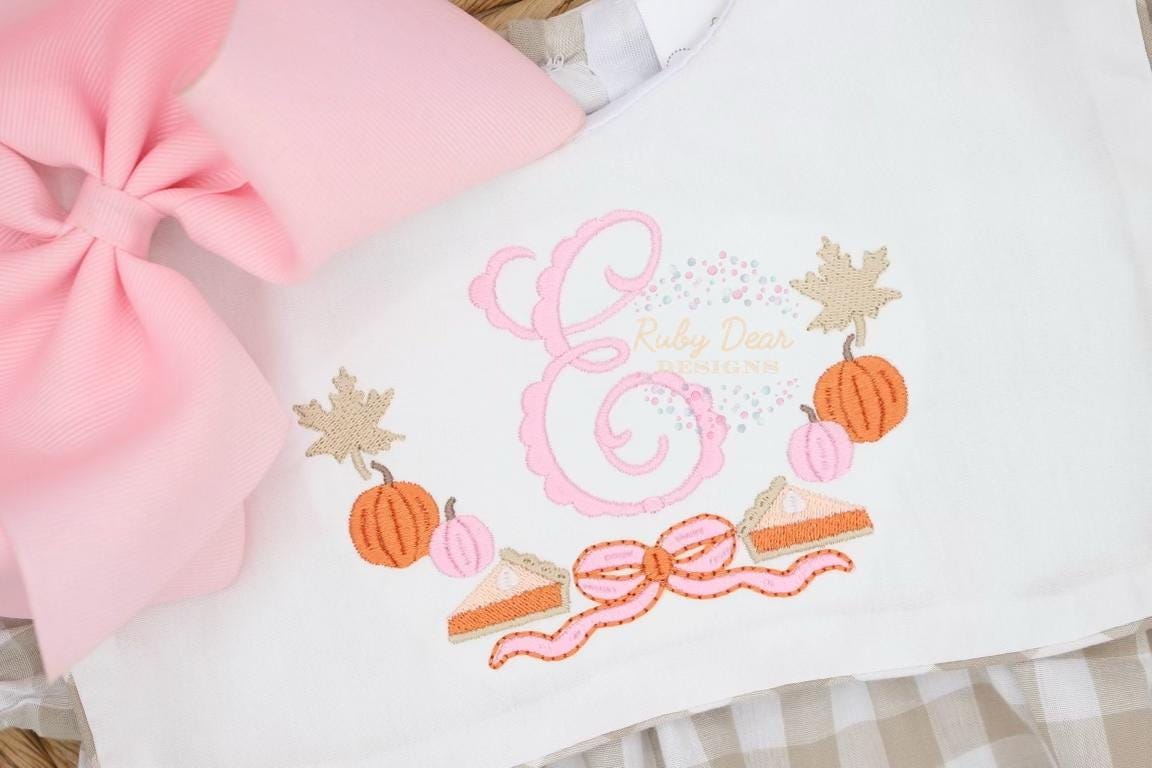 Pumpkin Pie Fall Leaf Bow Monogram Frame Satin Fill Bean Stitch Machine Embroidery Design