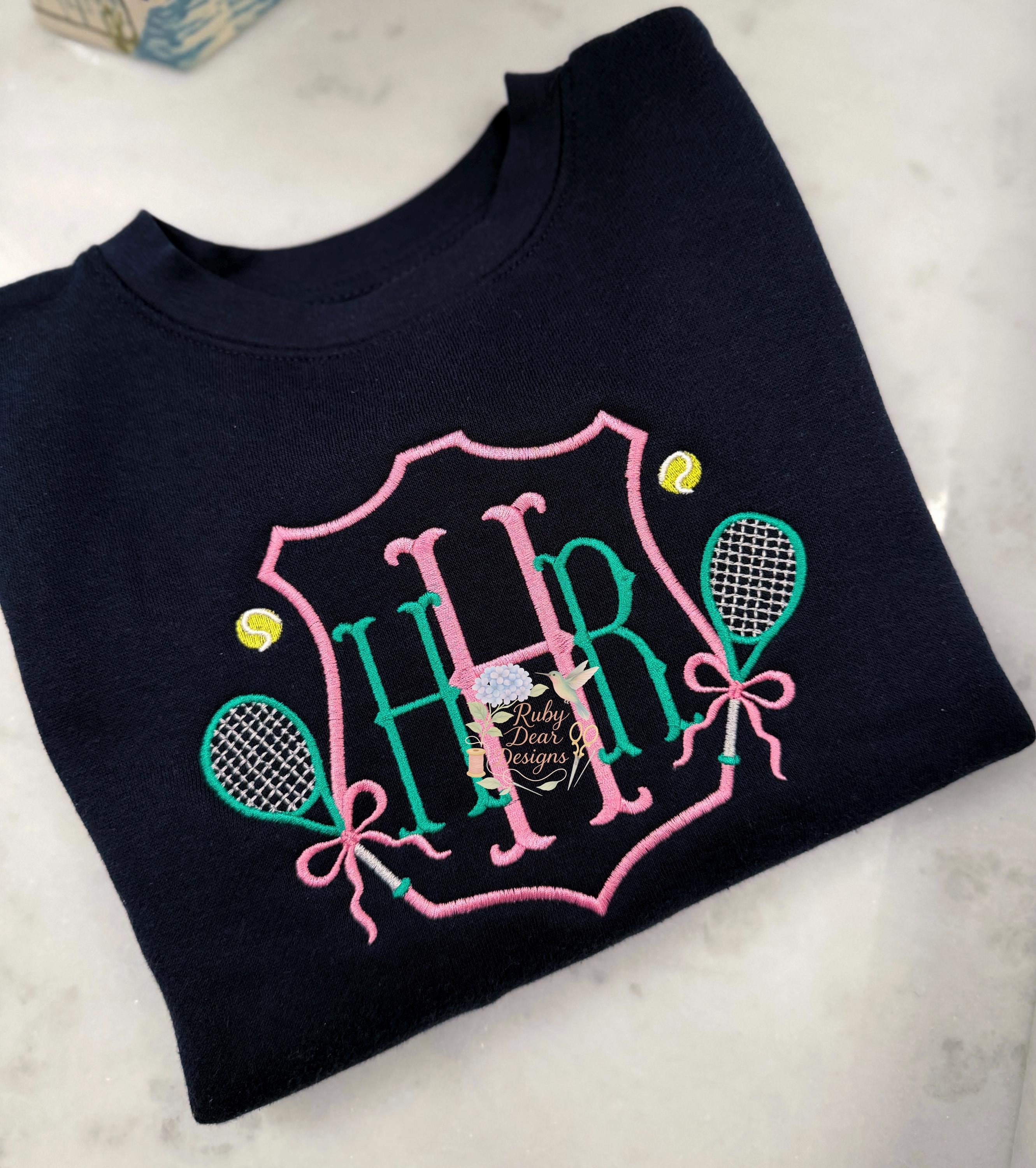 Tennis Racket Crest with Bow Mini Satin Fill and Bean Stitch Machine Embroidery Design