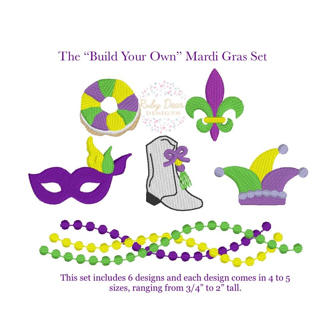 Build Your Own Mardi Gras Minis Bundle of 6 Designs Satin Fill and Bean Stitch Machine Embroidery Design *Font is NOT included!*