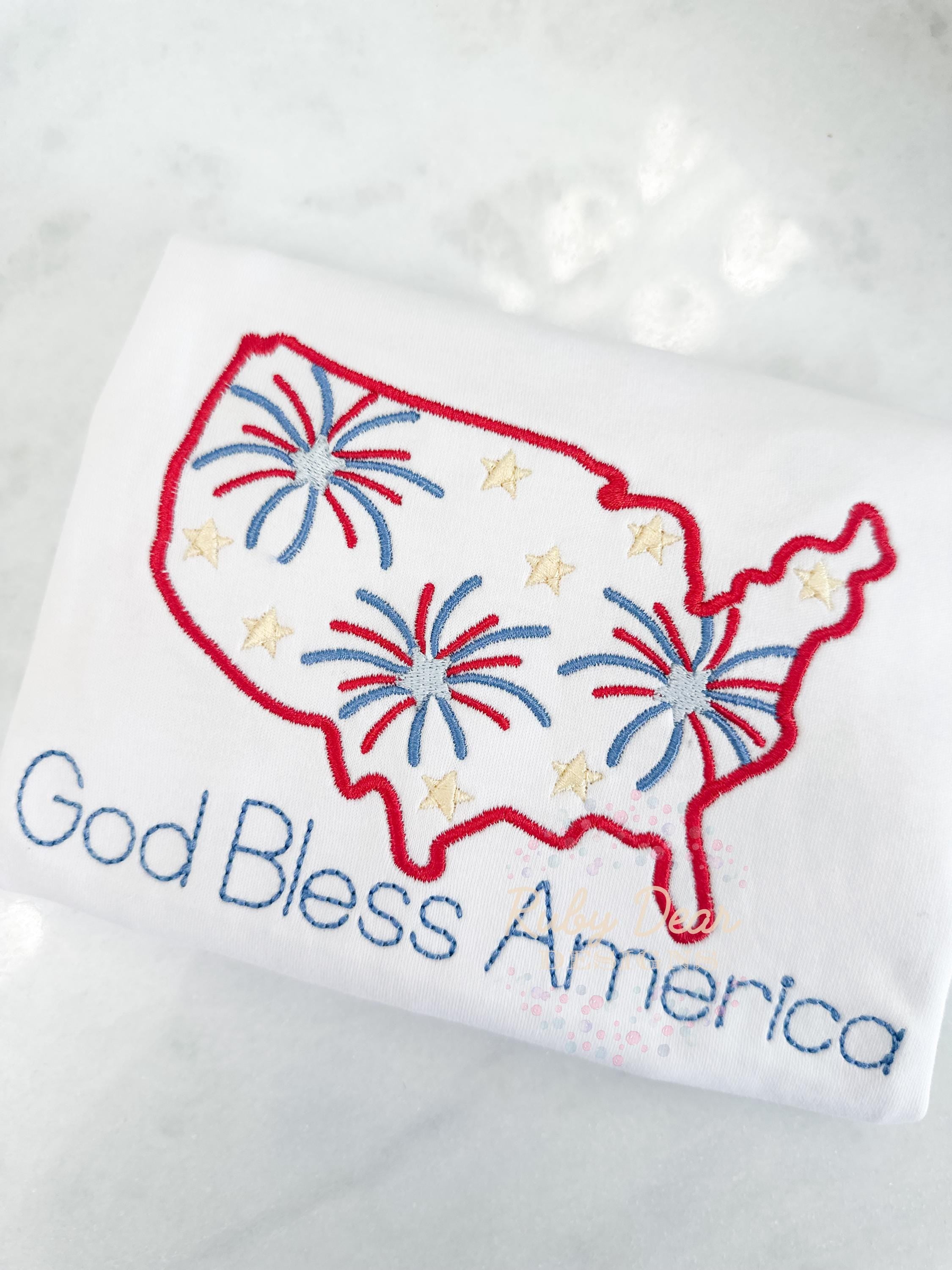 America July 4th Patriotic Outline with Firework and Stars Satin Stitch Machine Embroidery Design