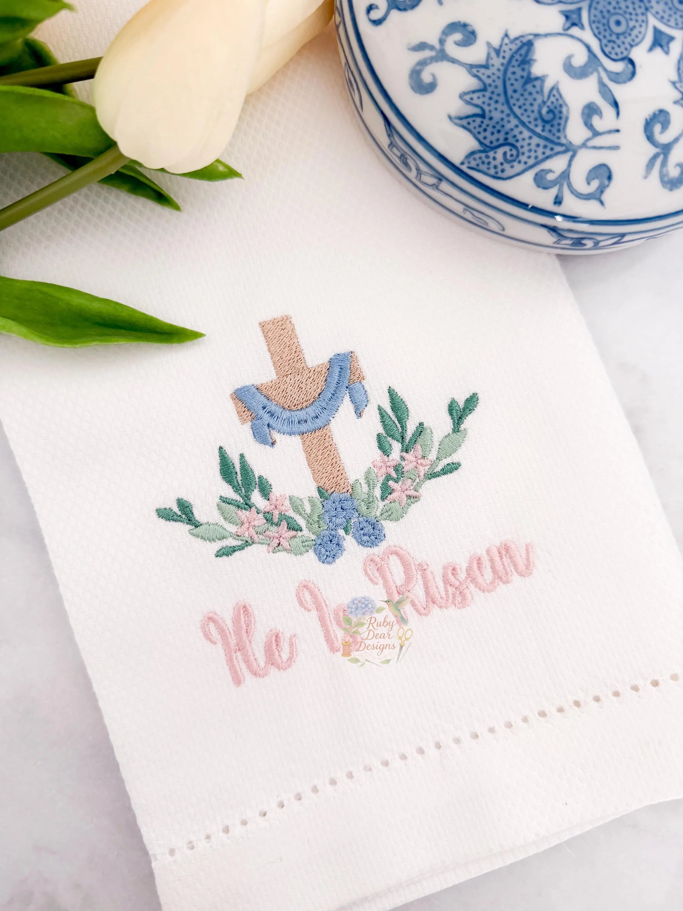 Cross with Floral Swag Easter Christian Fill and Satin Machine Embroidery Design