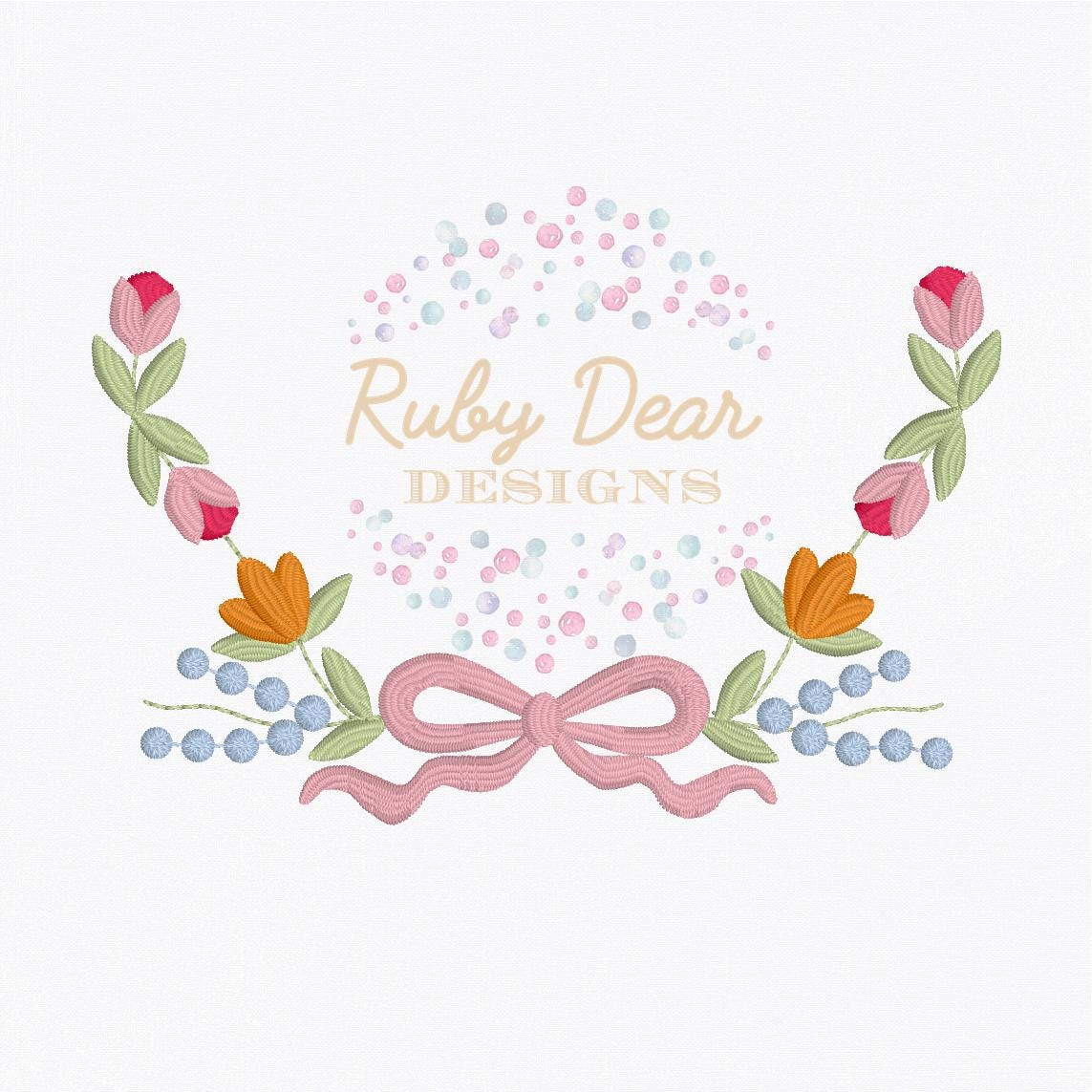 Floral Whimsical Bow Monogram Frame Satin Bean Stitch Machine Embroidery Design