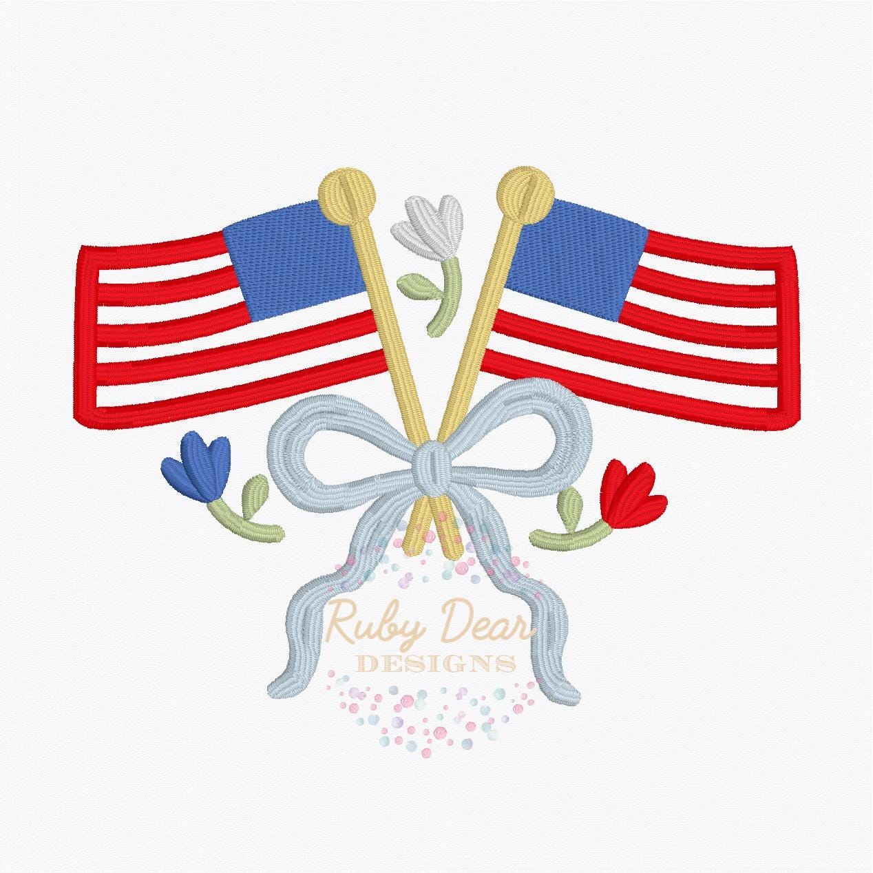 American Flag with Bows and Florals Satin and Fill Stitch Machine Embroidery Design