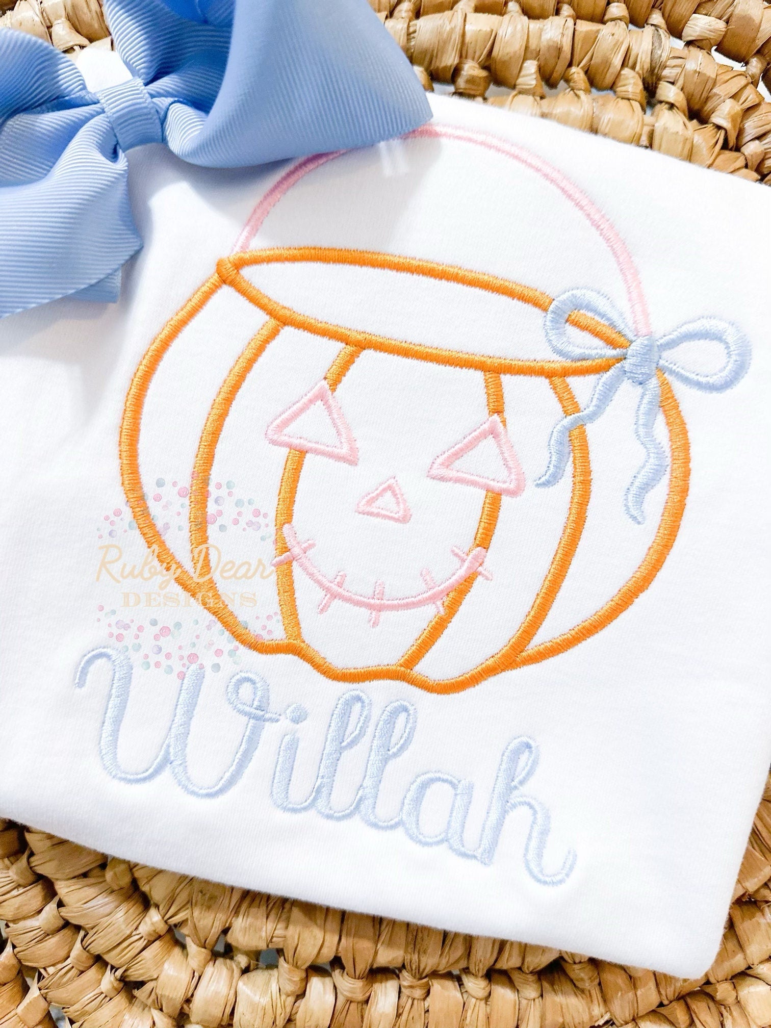 Jack O Lantern Girl Trick or Treat Bucket with Bow Satin Outline Machine Embroidery Design