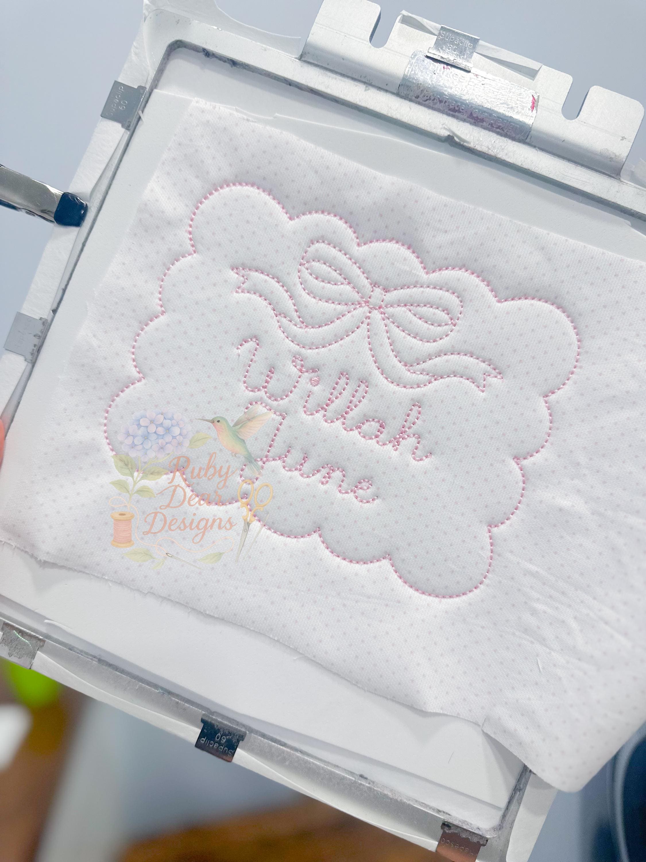 In The Hoop Name Announcement Card Scallop Bean Stitch Machine Embroidery Design