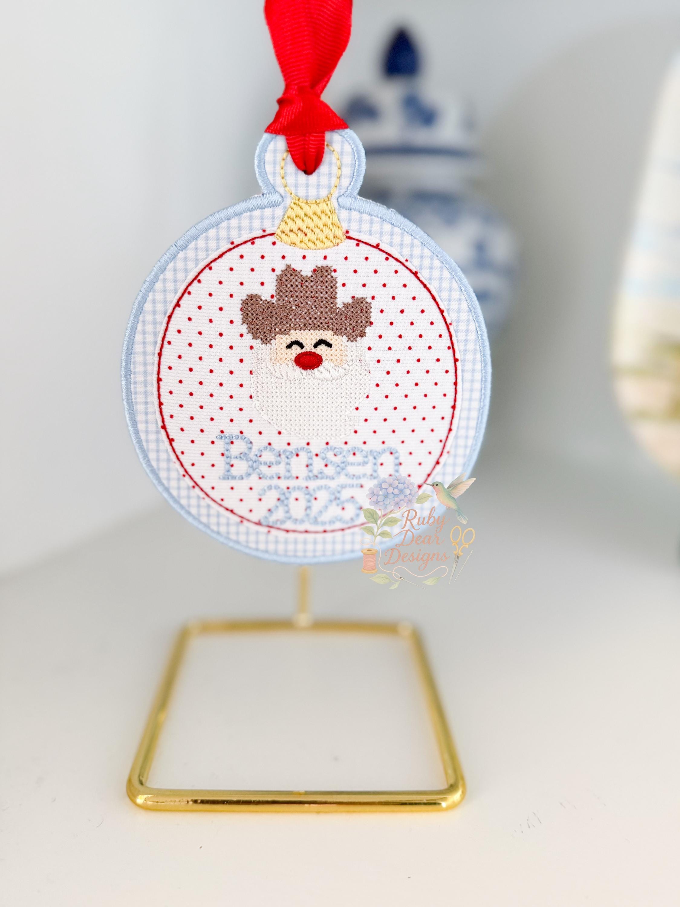 In The Hoop Satin Circle Ornament with Bean Stitch Machine Embroidery Design