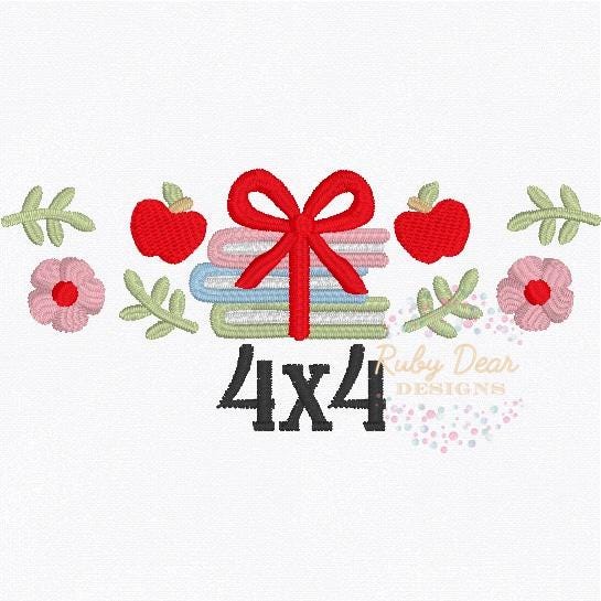 Back To School Book Stack Girl Florals and Apples Row Satin and Fill Stitch Machine Embroidery Design