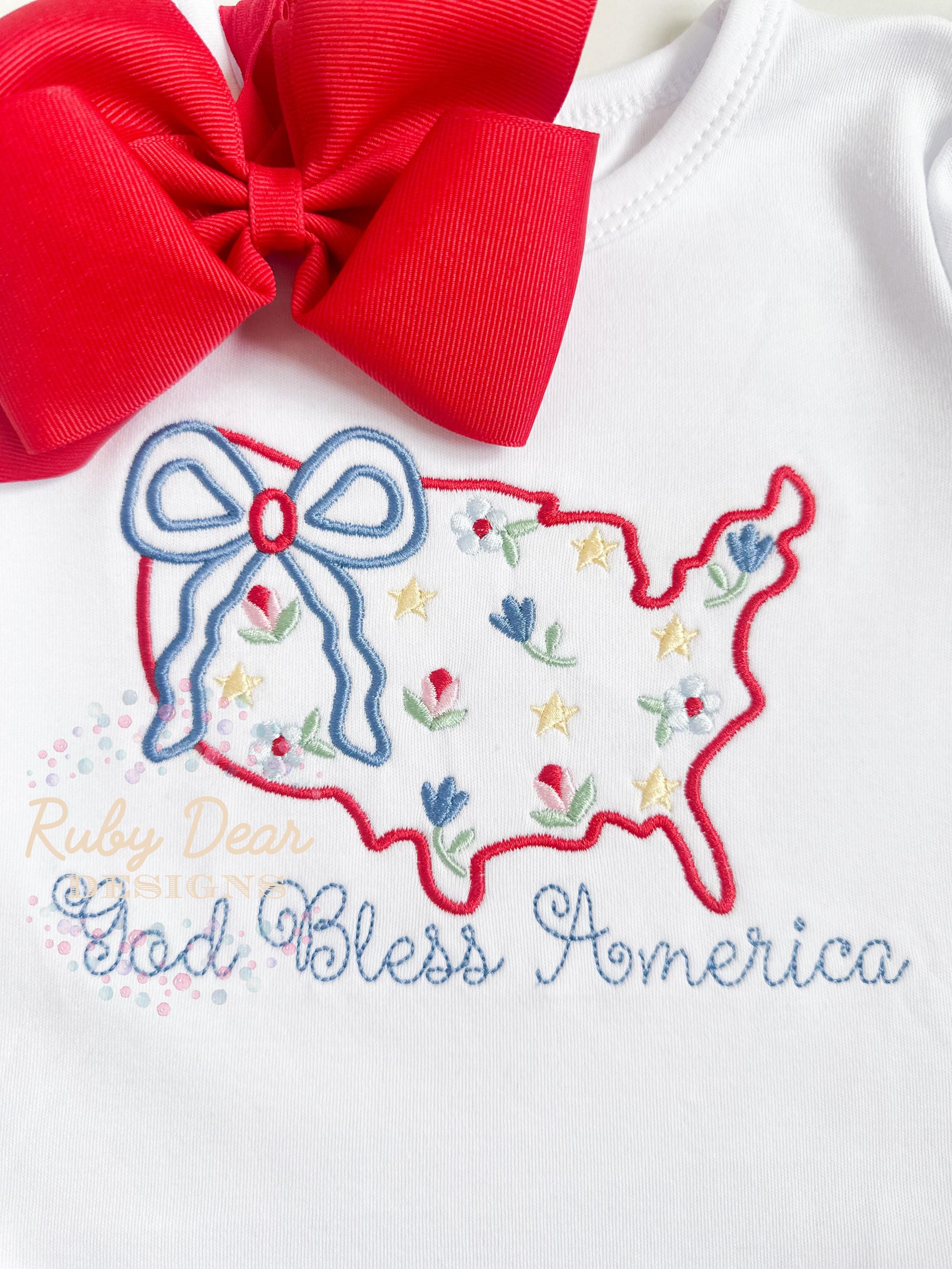 America July 4th Patriotic Outline with Florals and Stars Satin Stitch Machine Embroidery Design