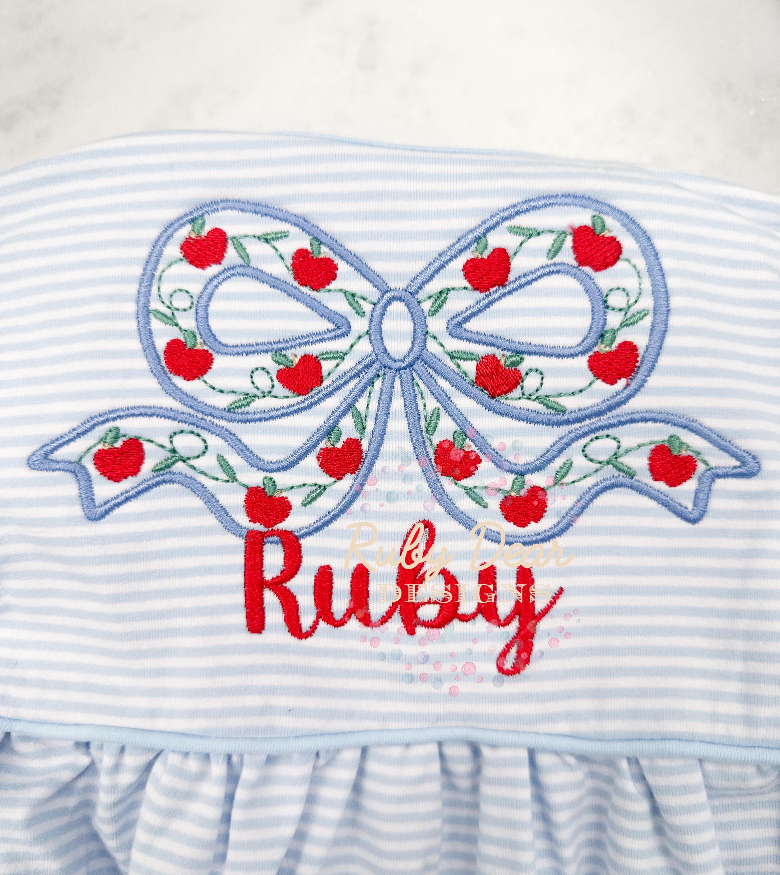 Apple Bow with Greenery Back To School Satin and Fill Stitch Machine Embroidery Design