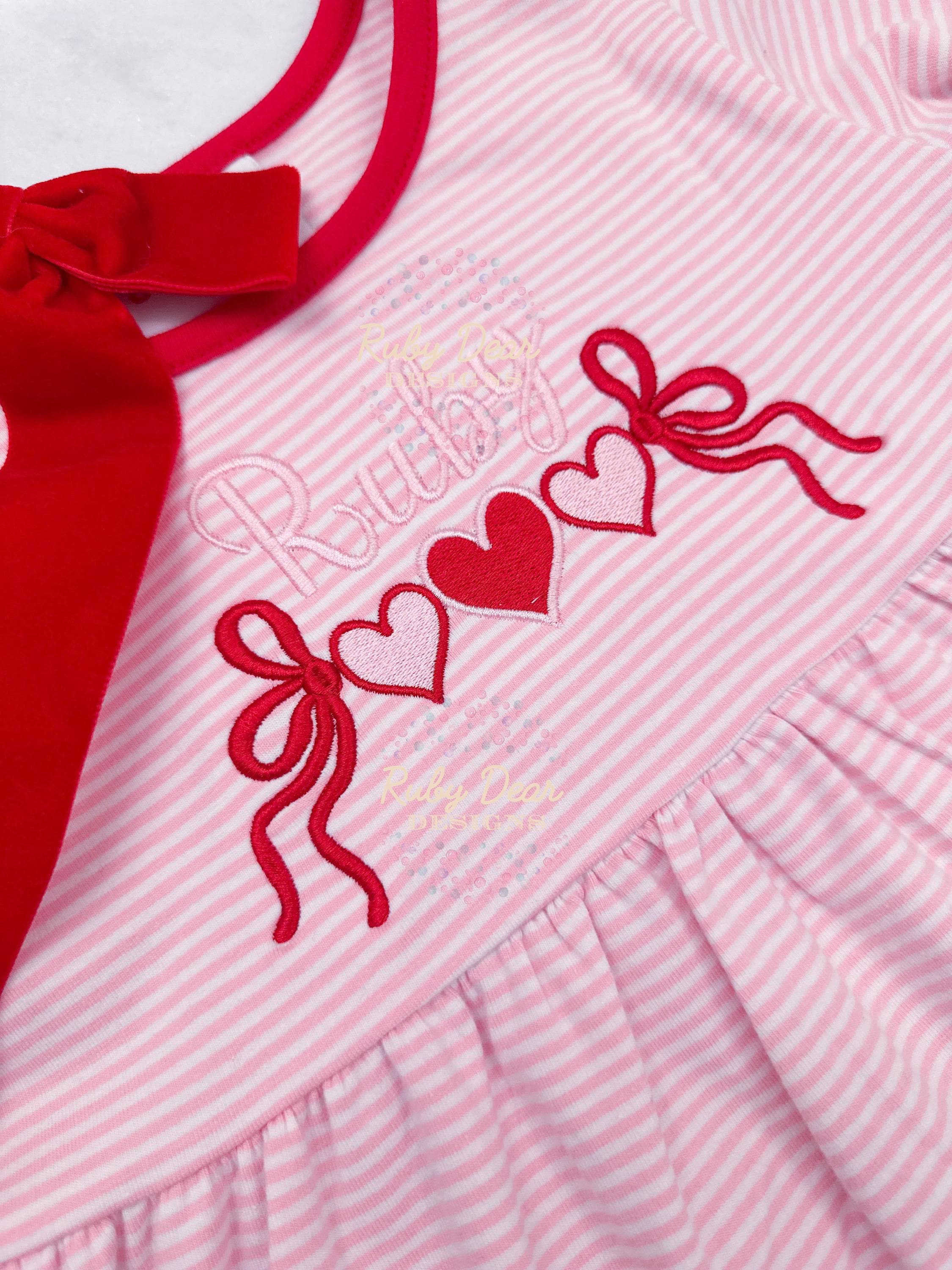 Valentine's Heart Trio with Bows Satin and Fill Stitch Machine Embroidery Design