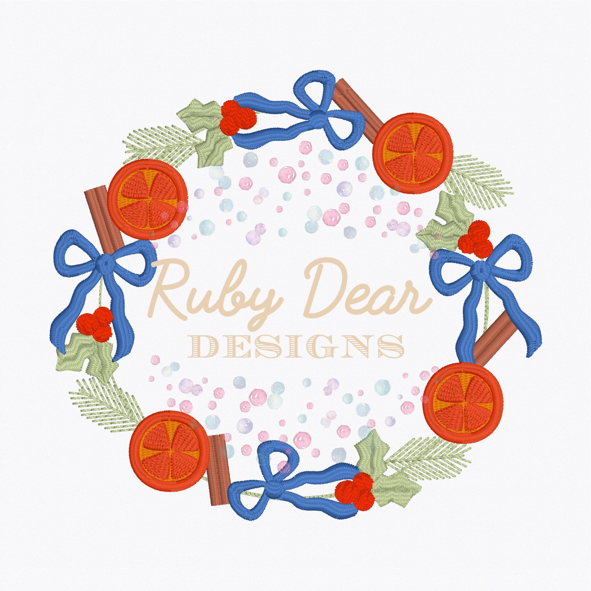 Vintage Christmas Wreath Frame with Dried Oranges and Cinnamon Sticks Fill Satin and Bean Stitch Machine Embroidery Design