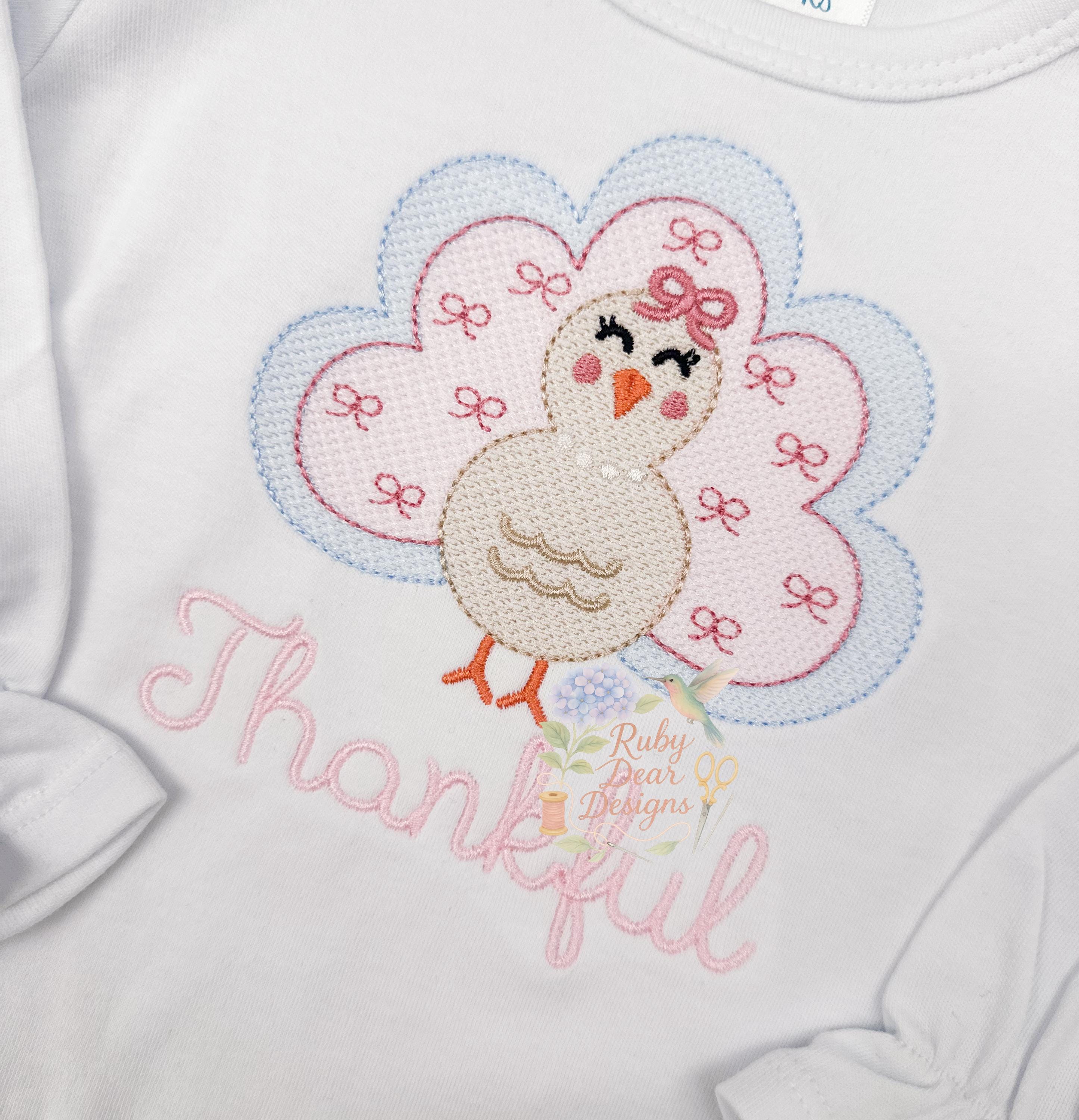 Turkey Girl with Pearls and Mini Bean Stitch Bows Sketch Stitch Thanksgiving Fall Machine Embroidery Design