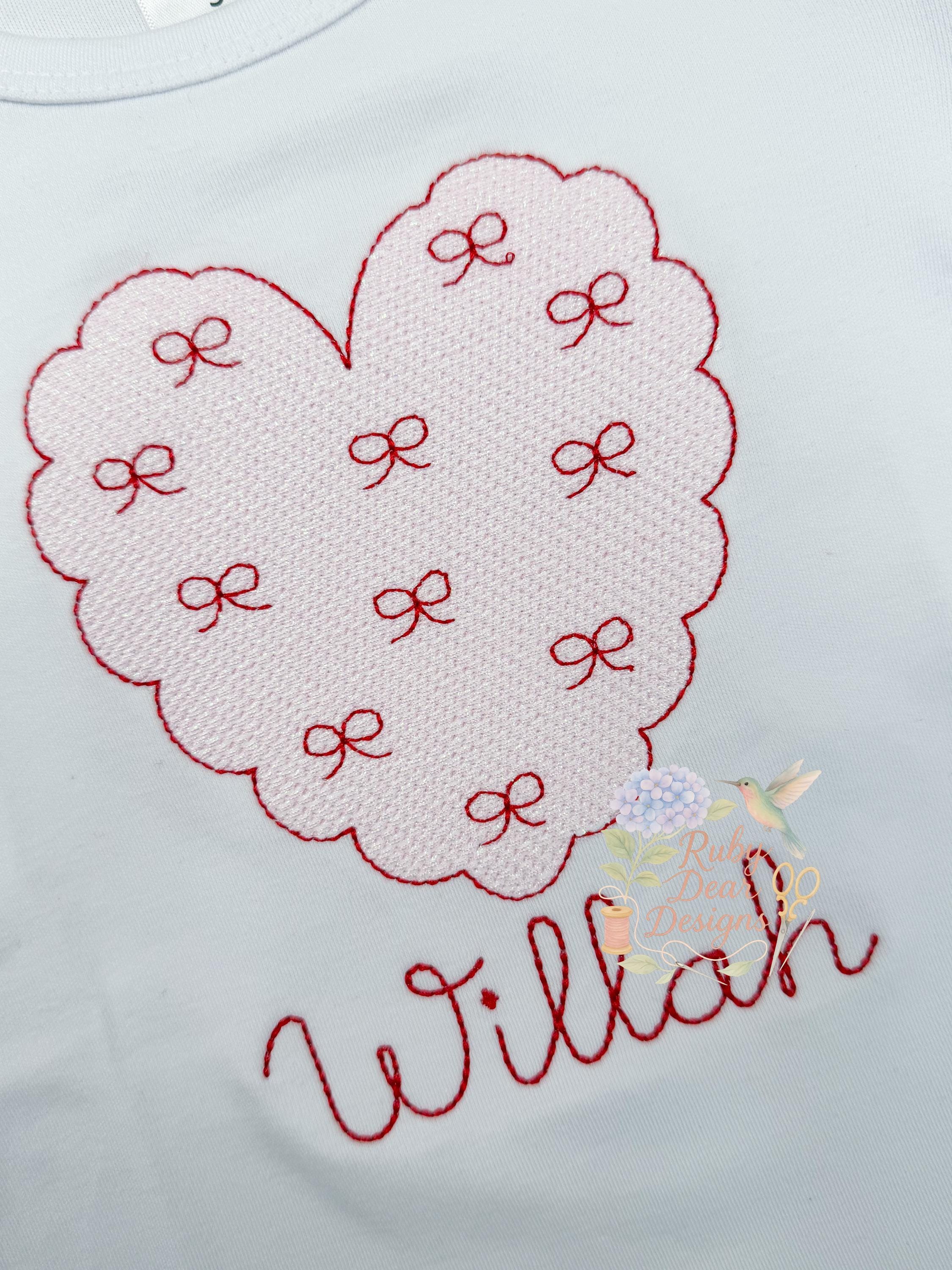 Valentines Scallop Heart with Mini Bows Sketch Stitch Machine Embroidery Design