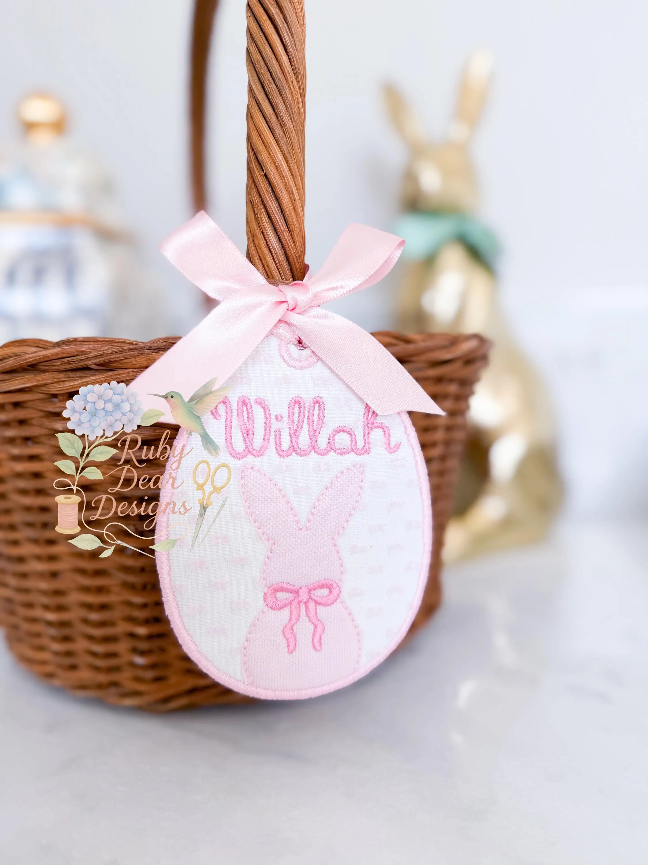 In The Hoop Easter Egg Girl Bunny Tag Satin and Bean Stitch Machine Embroidery Design