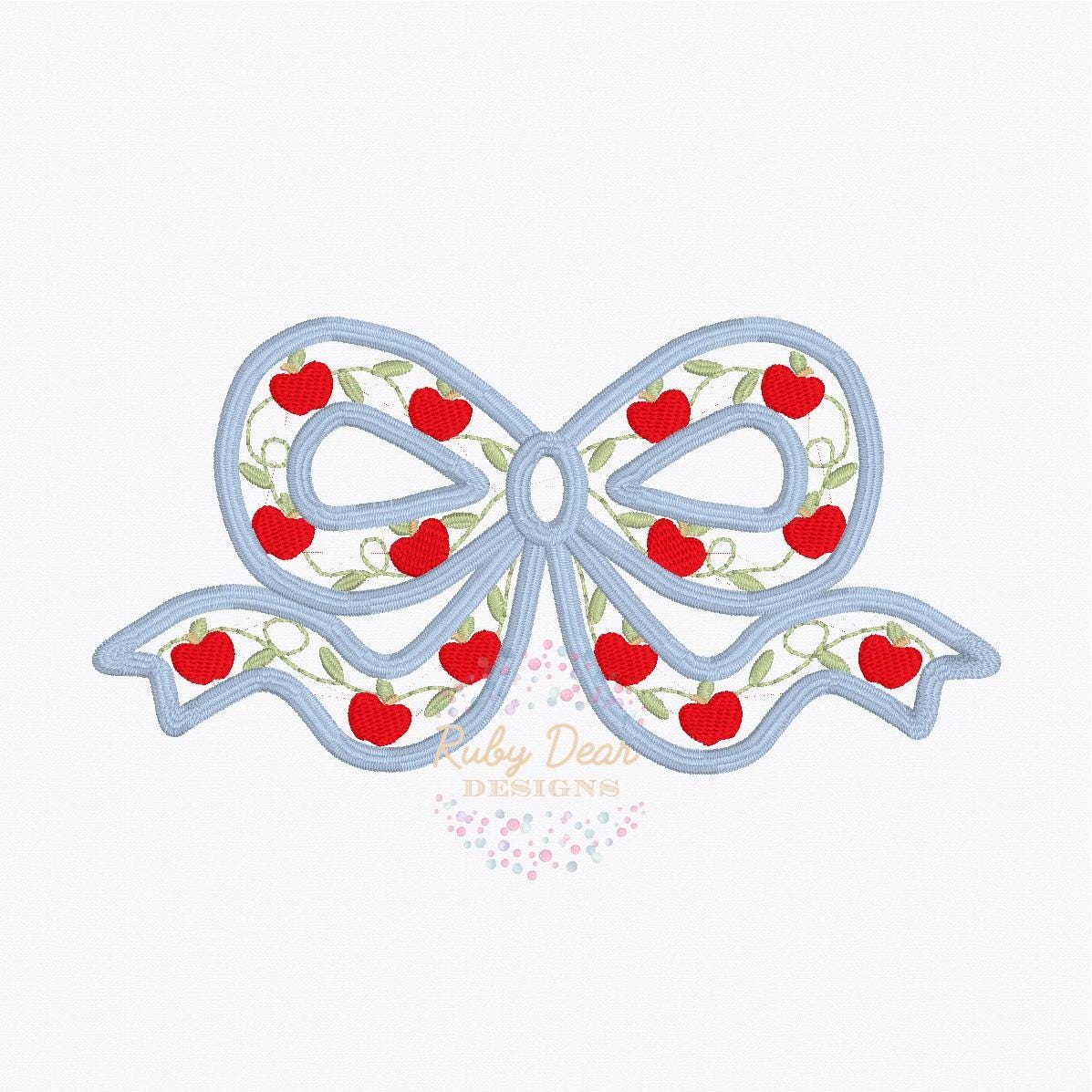 Apple Bow with Greenery Back To School Satin and Fill Stitch Machine Embroidery Design