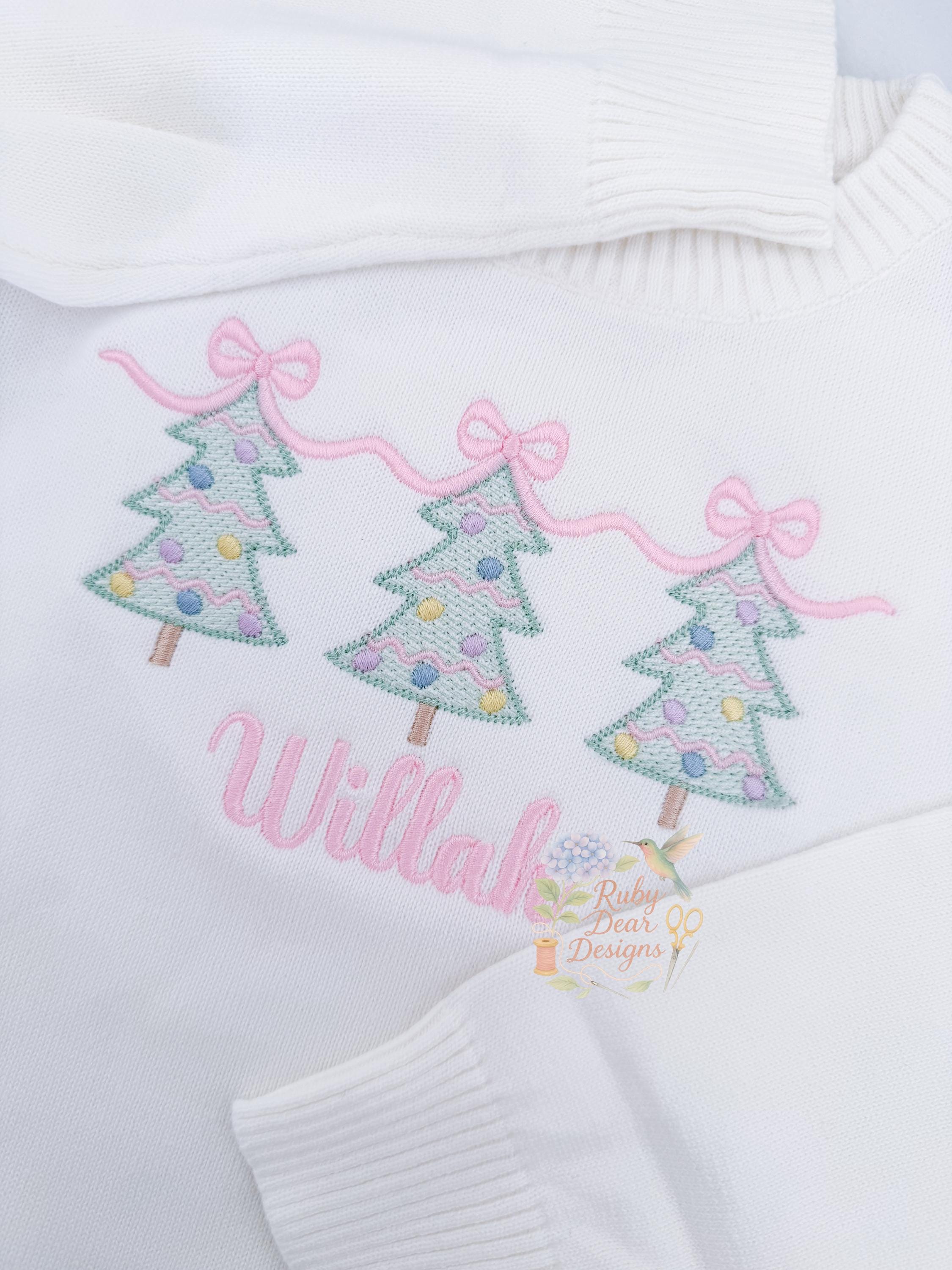 Christmas Tree Trio with Bow Topper Sketch and Satin Stitch Machine Embroidery Design