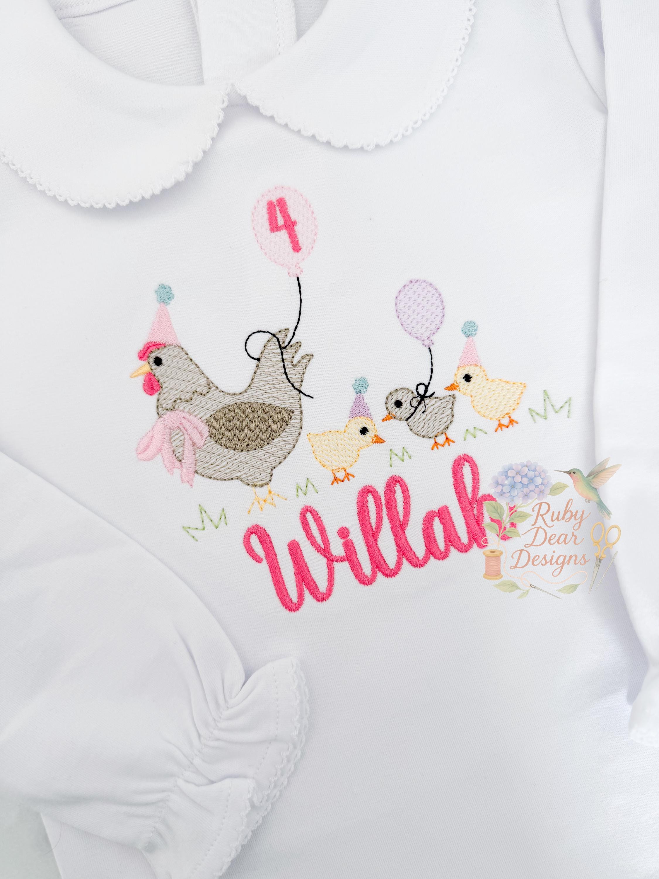 Chicken Birthday Hen and Chicks Sketch and Bean Stitch Machine Embroidery Design