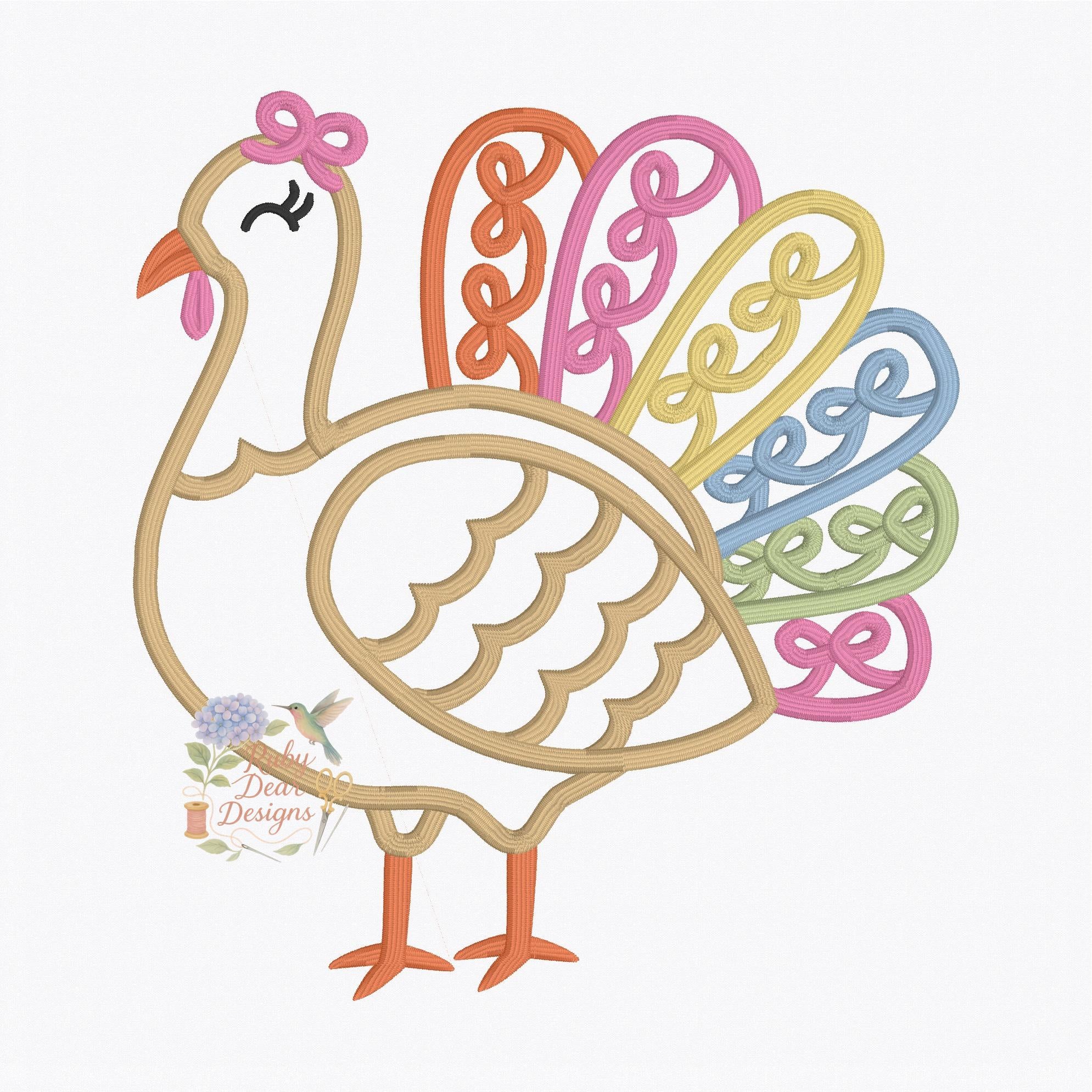 Turkey Girl with Bow Feathers Satin Outline Stitch Machine Embroidery Design
