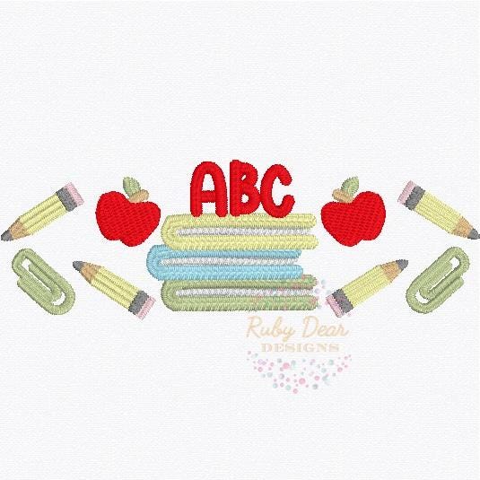 Back To School Book Stack School Supplies and Apples Row Satin and Fill Stitch Machine Embroidery Design