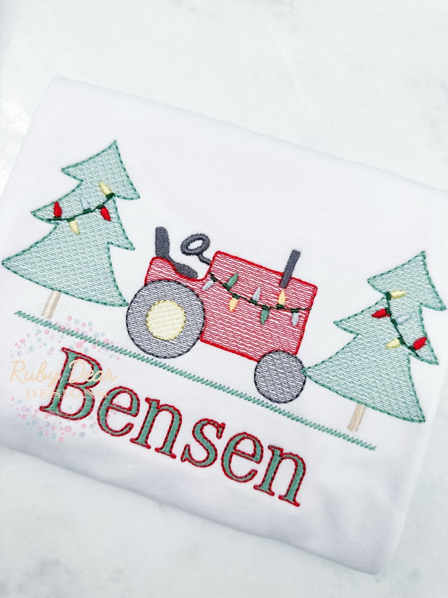 Christmas Tractor Tree Farm Sketch Machine Embroidery Design