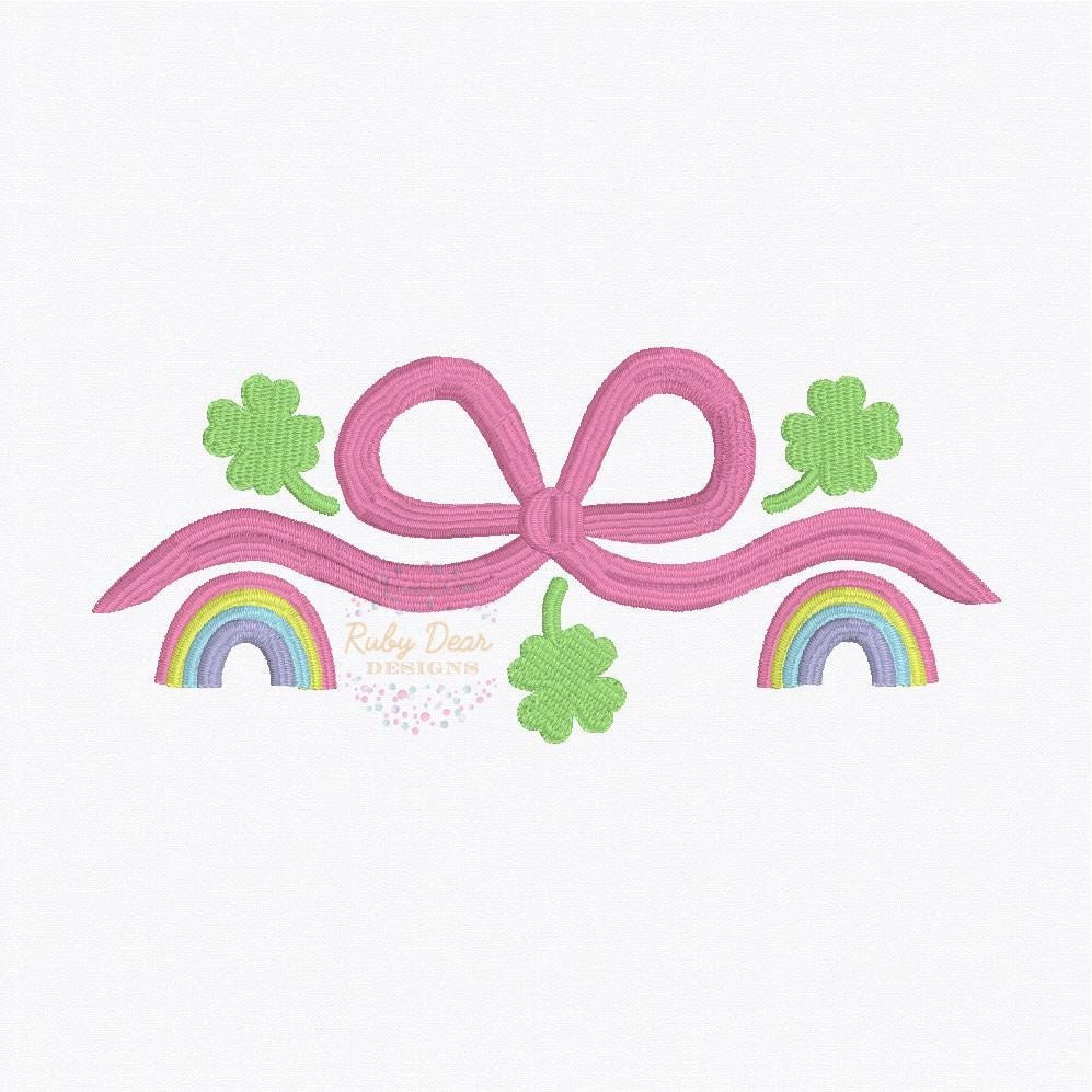 St Patrick's Bow Rainbow and Clovers Frame Fill and Satin Stitch Machine Embroidery Design