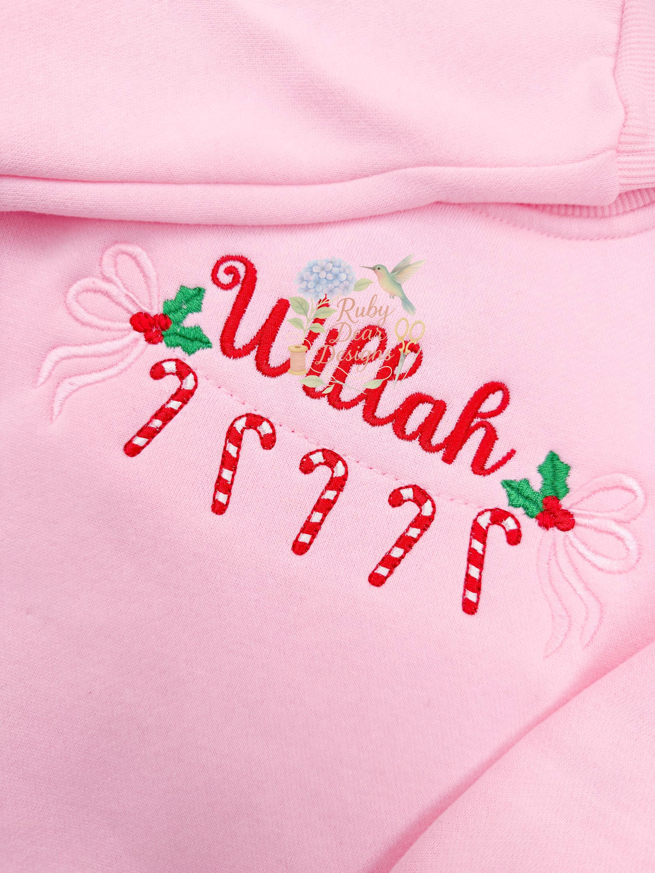 Candy Cane Holly Berry Bow Swag Satin and Bean Stitch Machine Embroidery Design