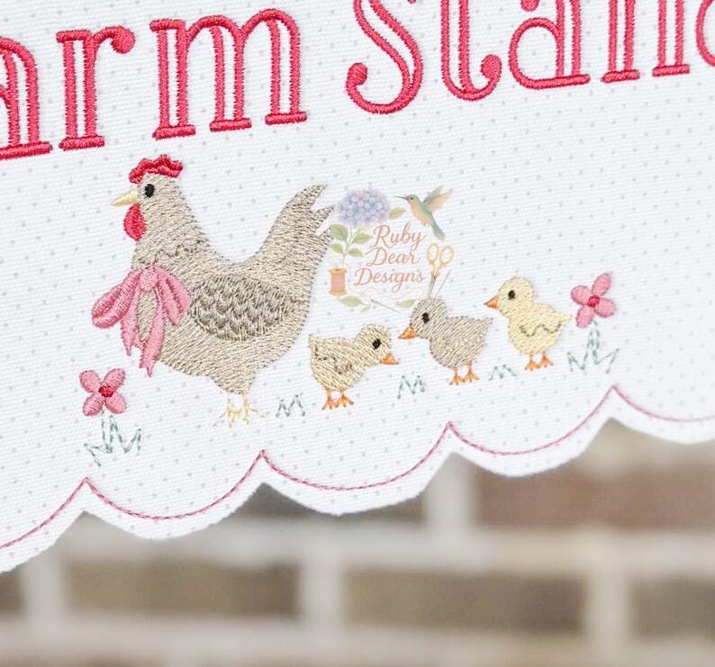 Chicken Hen Chicks Floral Fill with Satin and Bean Stitch Machine Embroidery Design