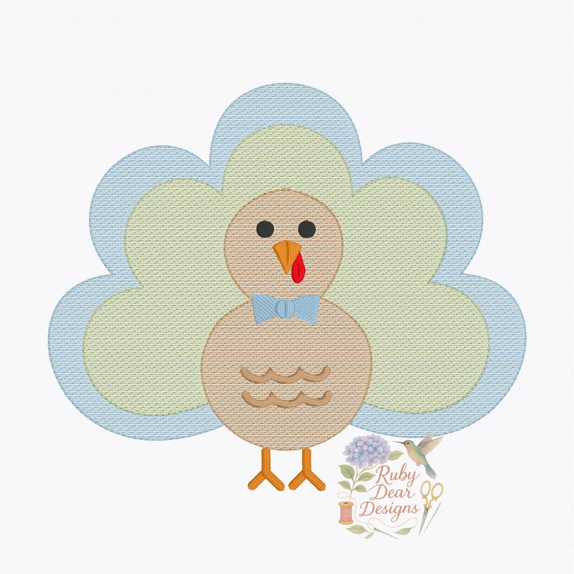 Turkey Boy with Bow Tie Sketch Stitch Thanksgiving Fall Machine Embroidery Design