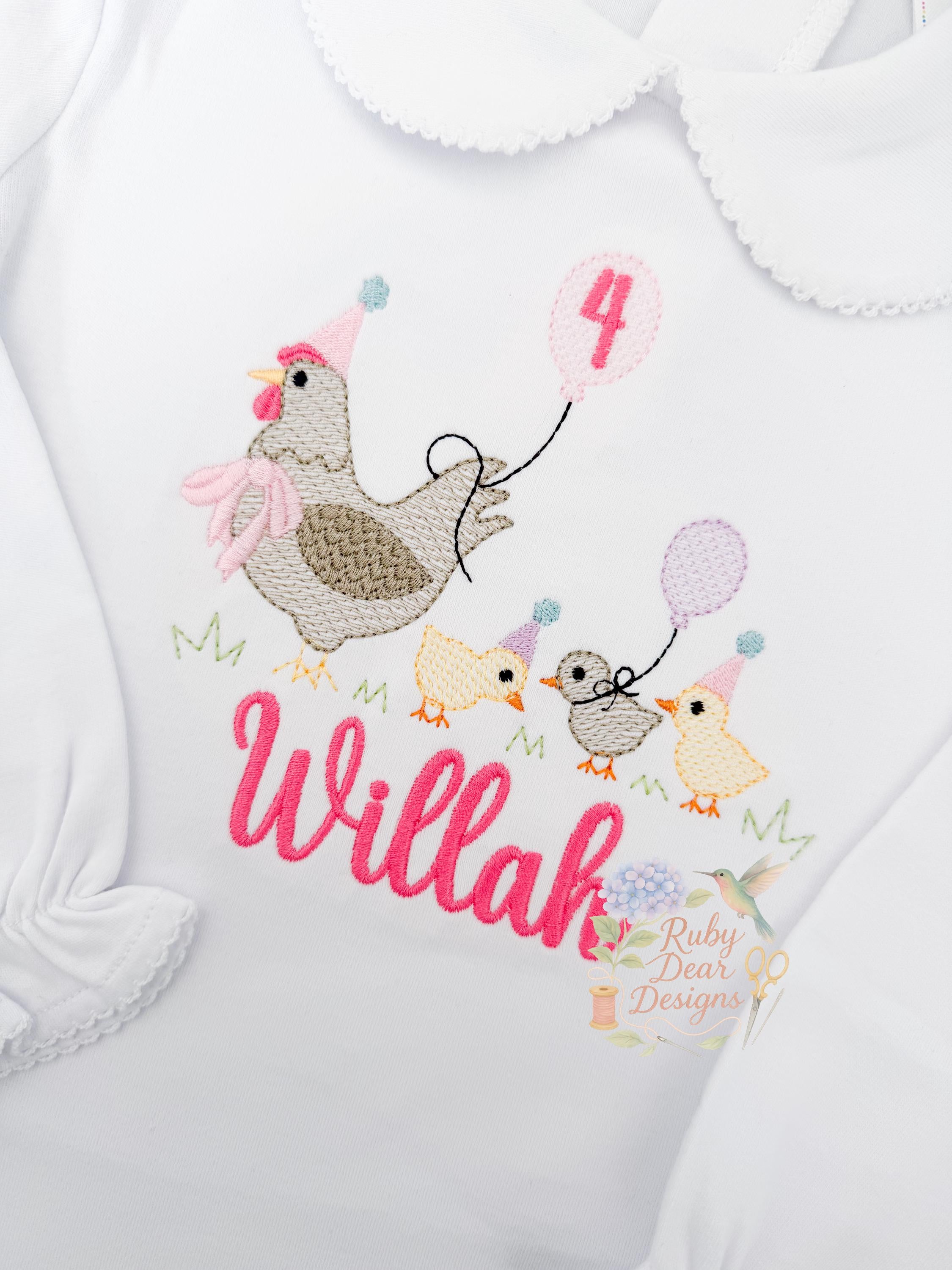 Chicken Birthday Hen and Chicks Sketch and Bean Stitch Machine Embroidery Design