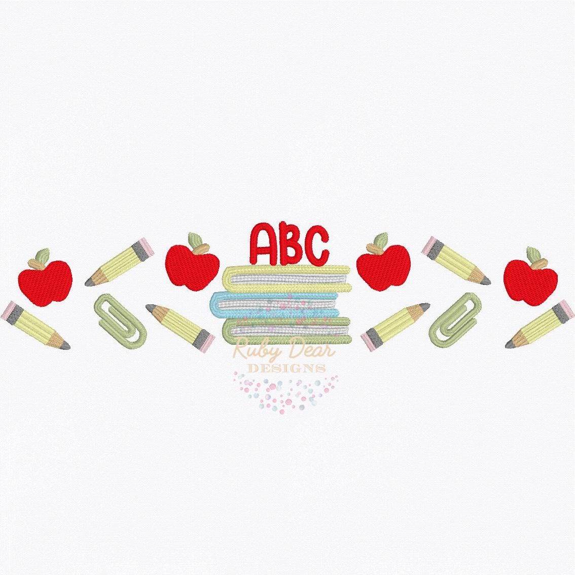 Back To School Book Stack School Supplies and Apples Row Satin and Fill Stitch Machine Embroidery Design