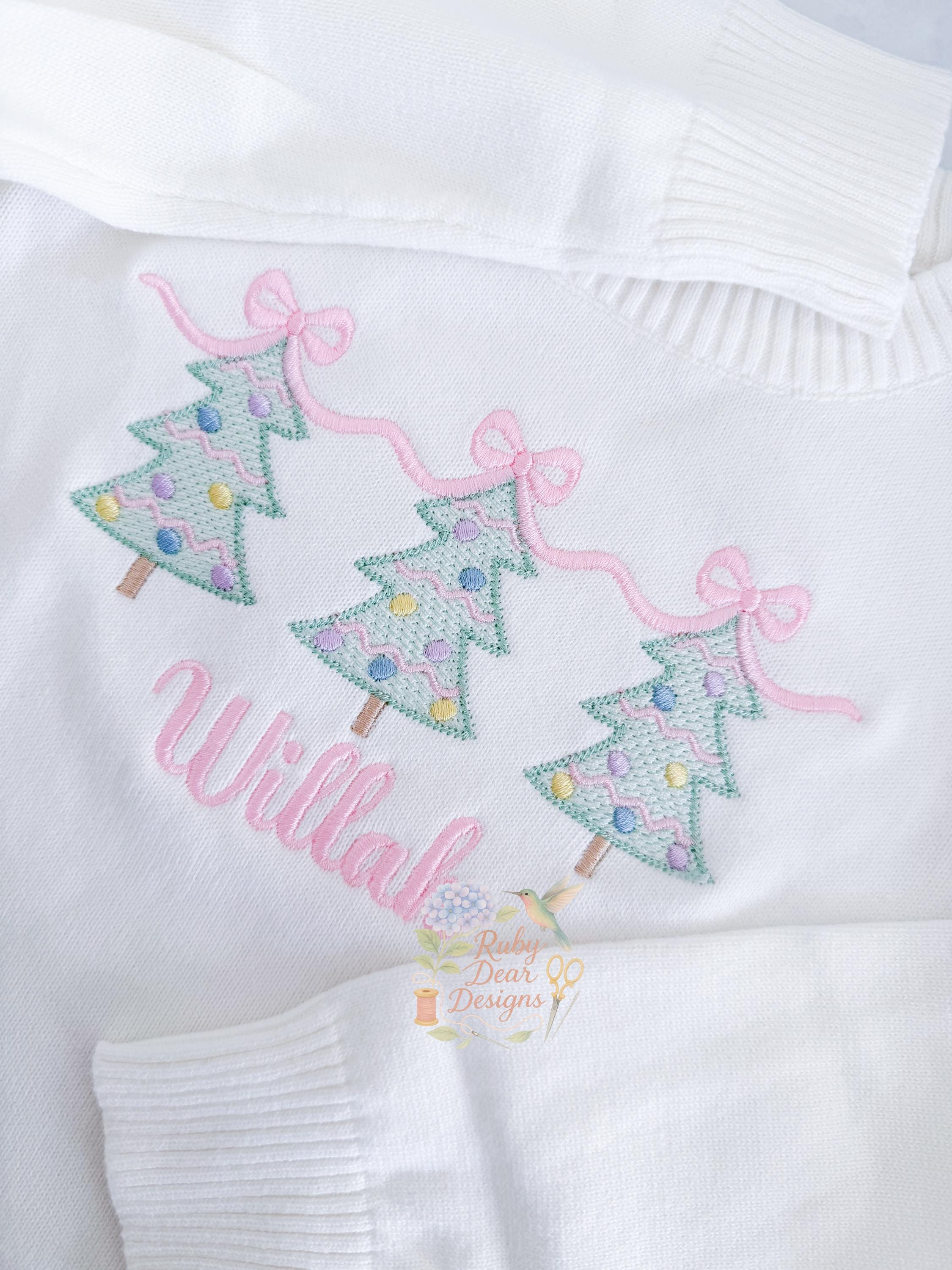 Christmas Tree Trio with Bow Topper Sketch and Satin Stitch Machine Embroidery Design