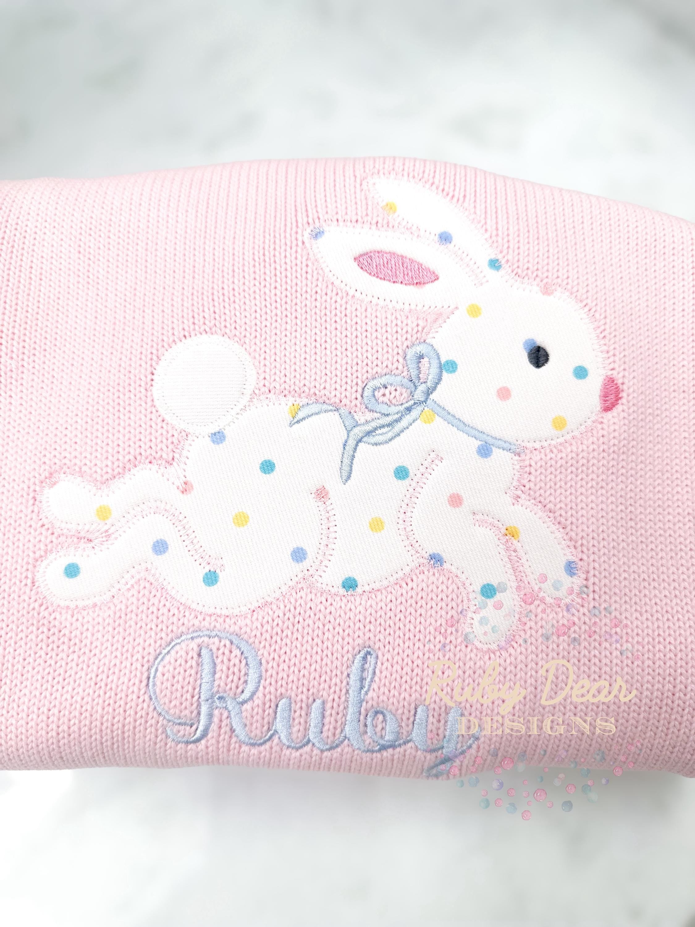 Bunny Girl Hopping with Bow Easter Zig Zag Appliqué Machine Embroidery Design