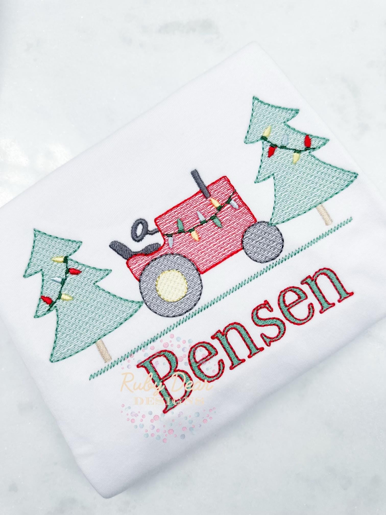 Christmas Tractor Tree Farm Sketch Machine Embroidery Design