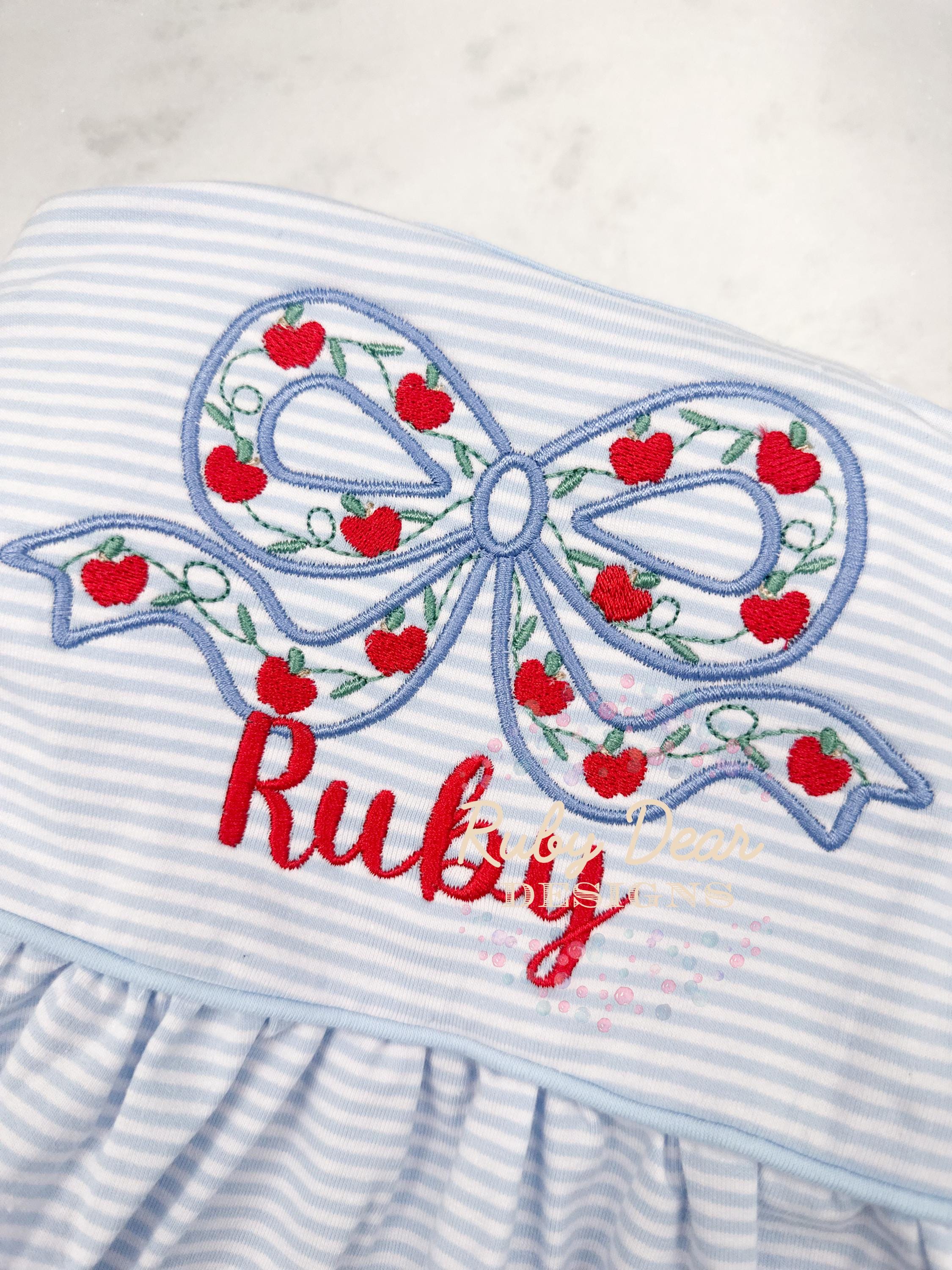 Apple Bow with Greenery Back To School Satin and Fill Stitch Machine Embroidery Design