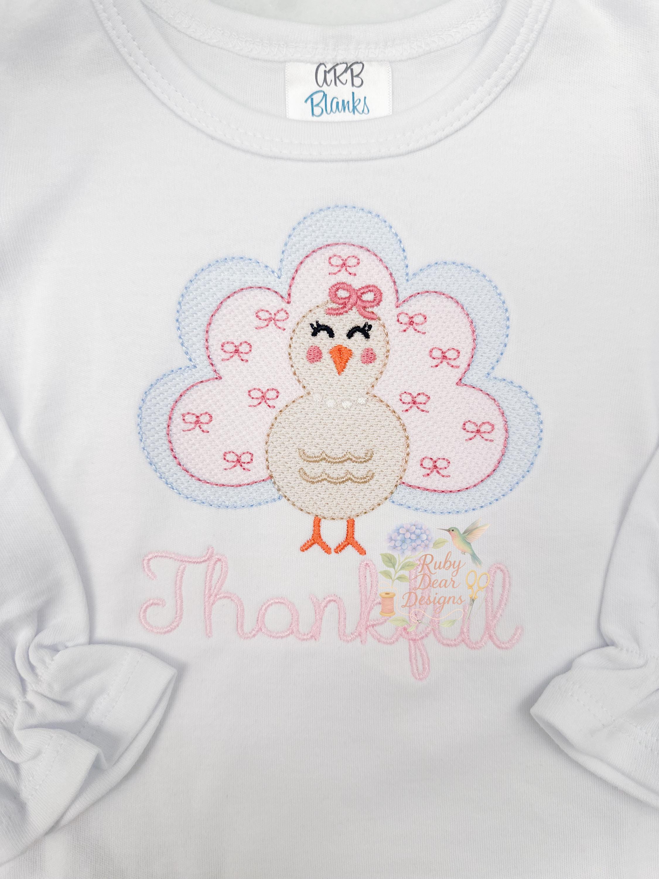 Turkey Girl with Pearls and Mini Bean Stitch Bows Sketch Stitch Thanksgiving Fall Machine Embroidery Design