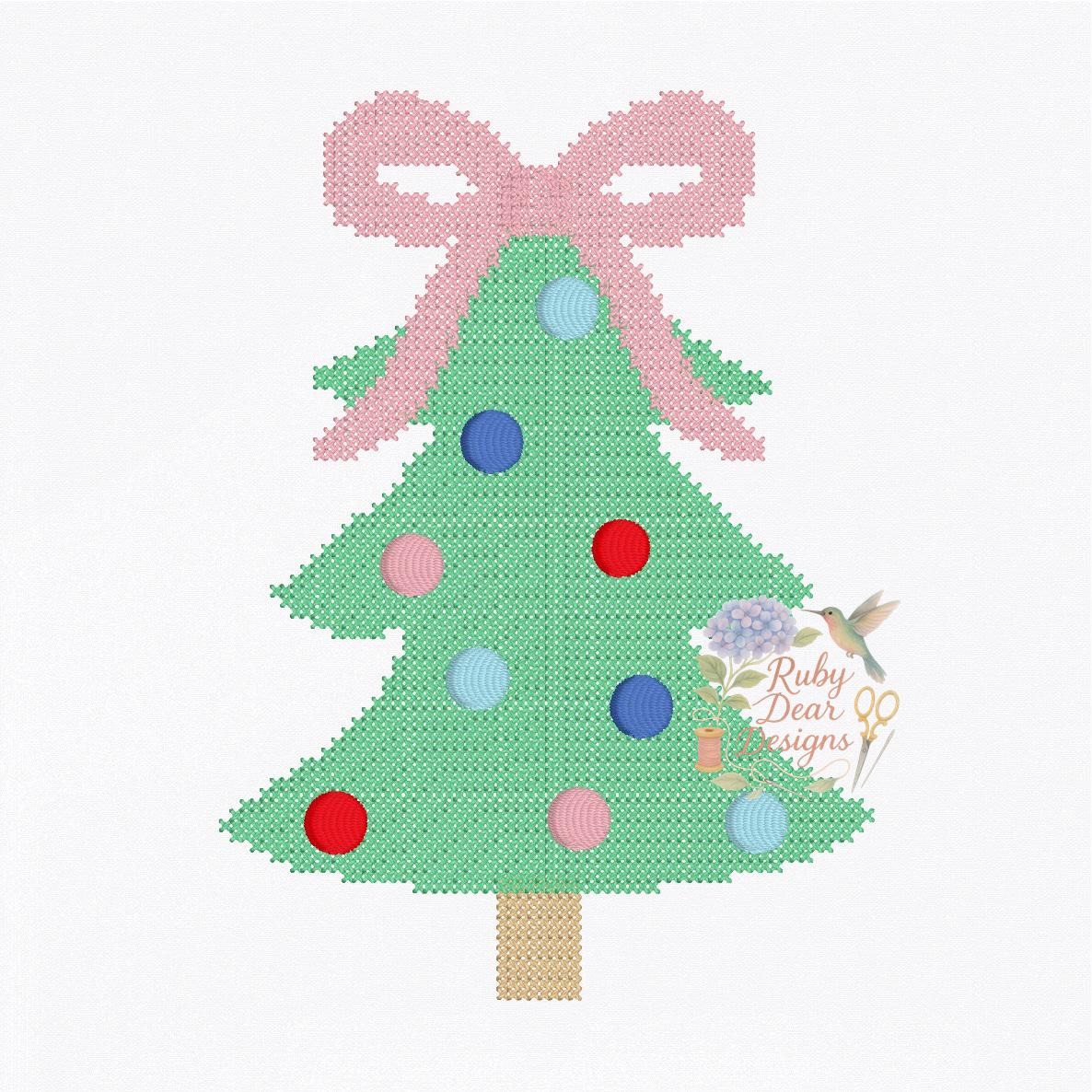Christmas Tree with Bow Mini Cross Stitch Machine Embroidery Design