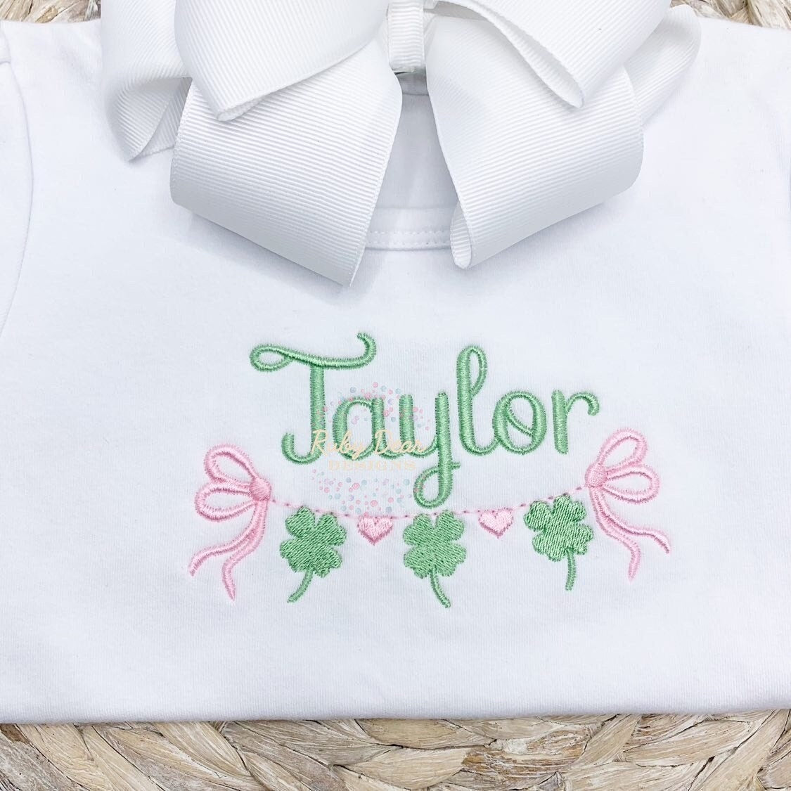 Clover and Hearts Bow Swag Satin and Fill Stitch Machine Embroidery Design