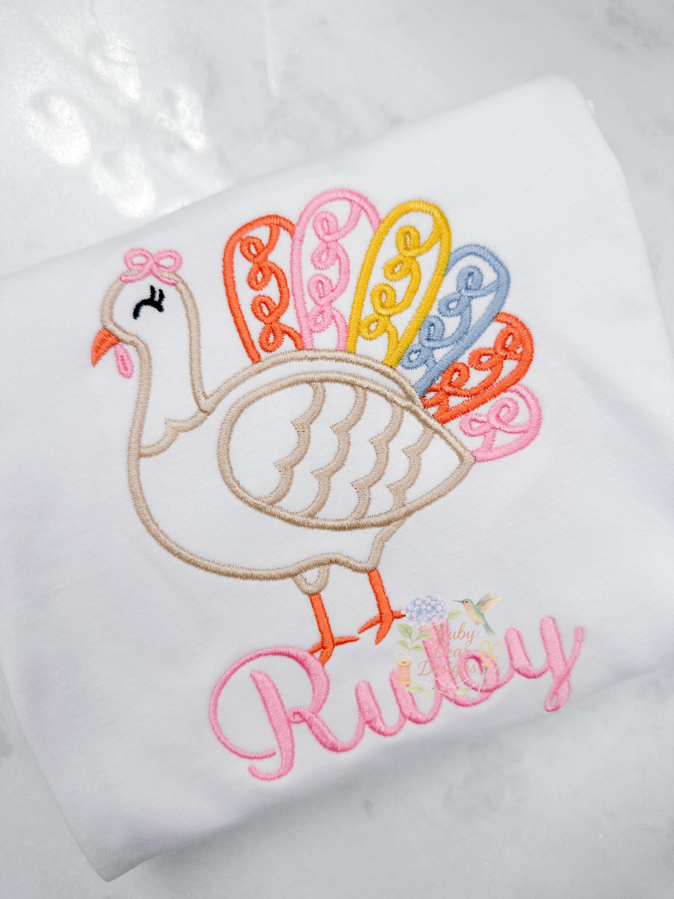 Turkey Girl with Bow Feathers Satin Outline Stitch Machine Embroidery Design