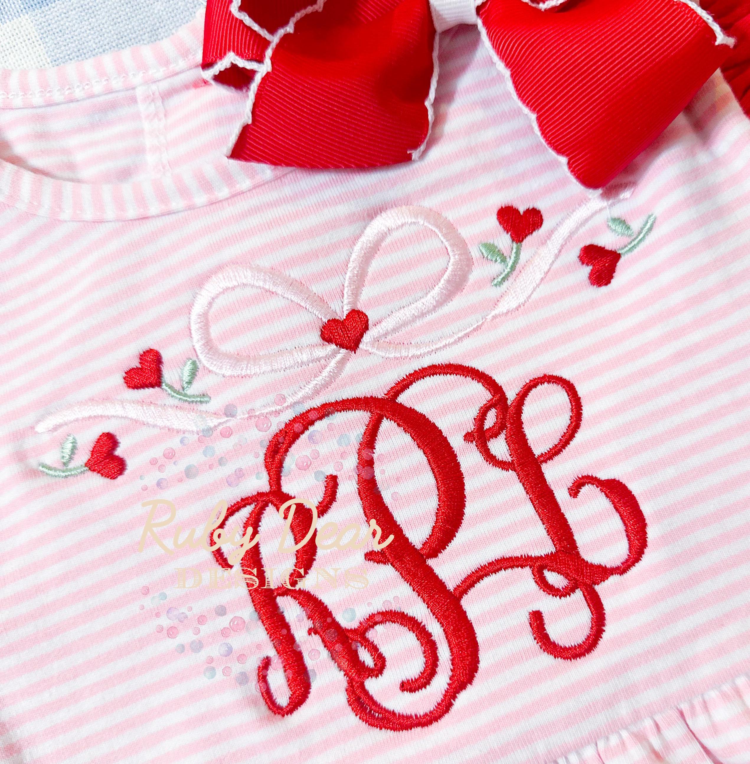 Valentine's Heart Floral Accent Bow Satin Stitch Machine Embroidery Design