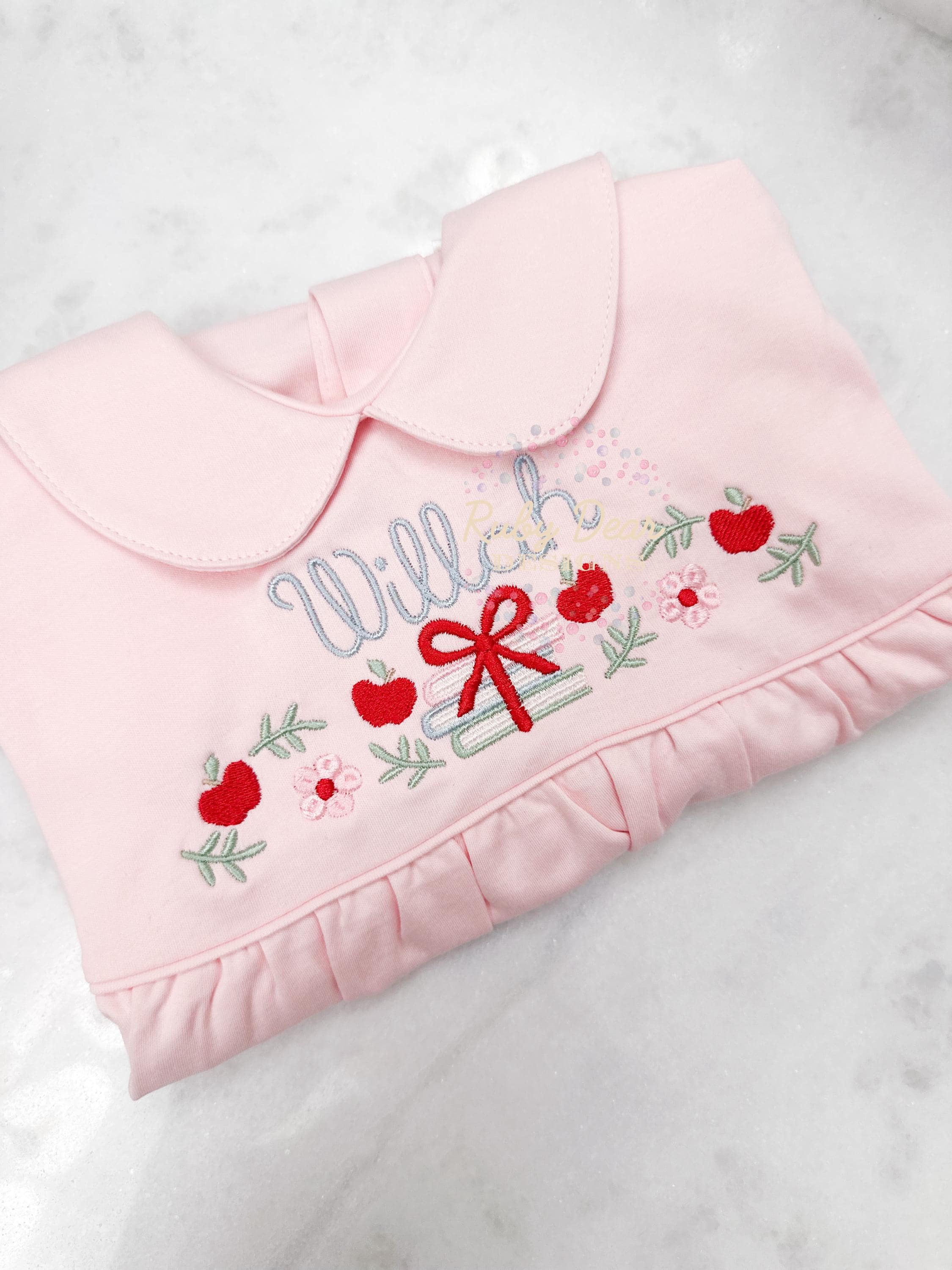 Back To School Book Stack Girl Florals and Apples Row Satin and Fill Stitch Machine Embroidery Design