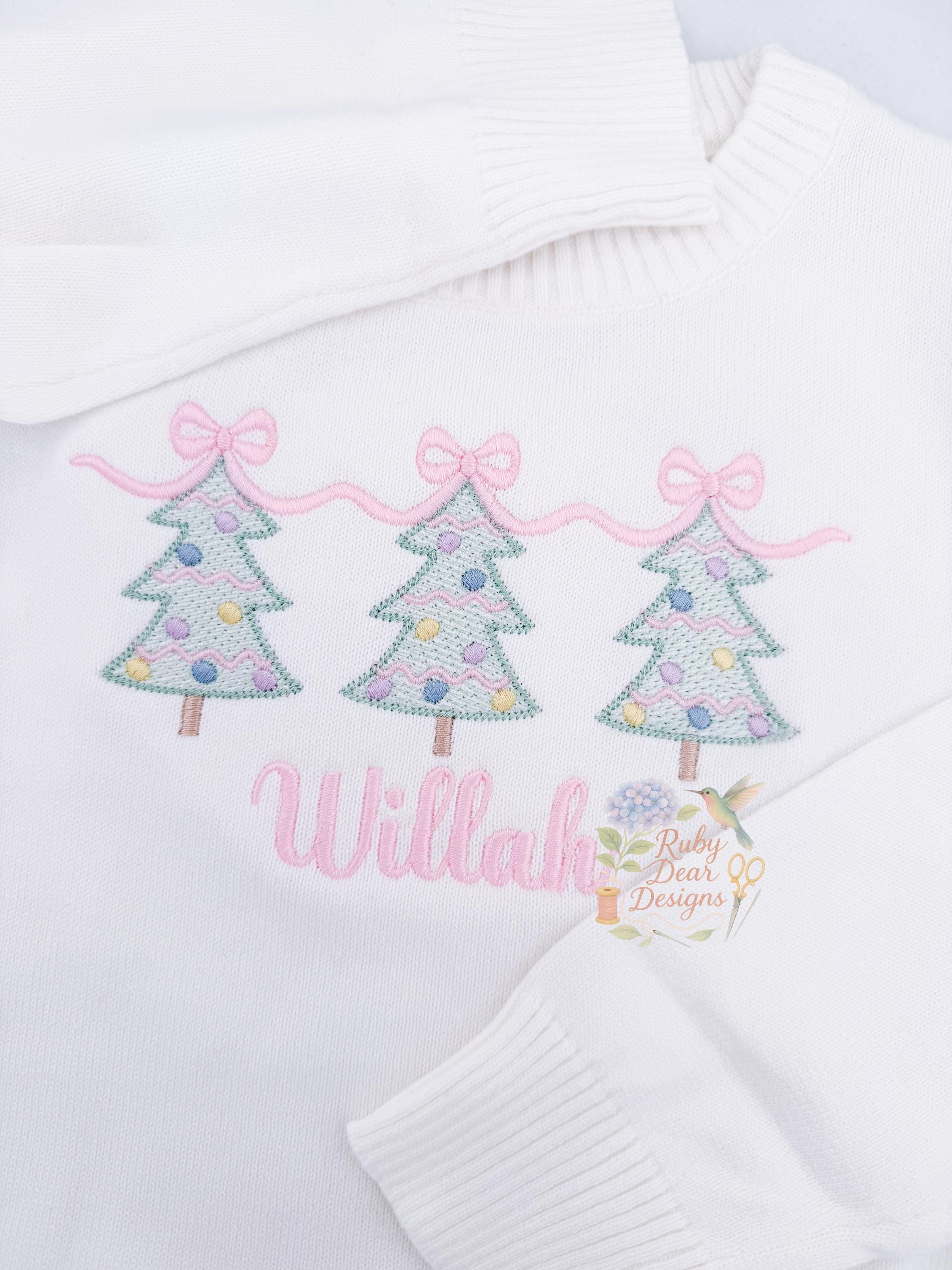 Christmas Tree Trio with Bow Topper Sketch and Satin Stitch Machine Embroidery Design