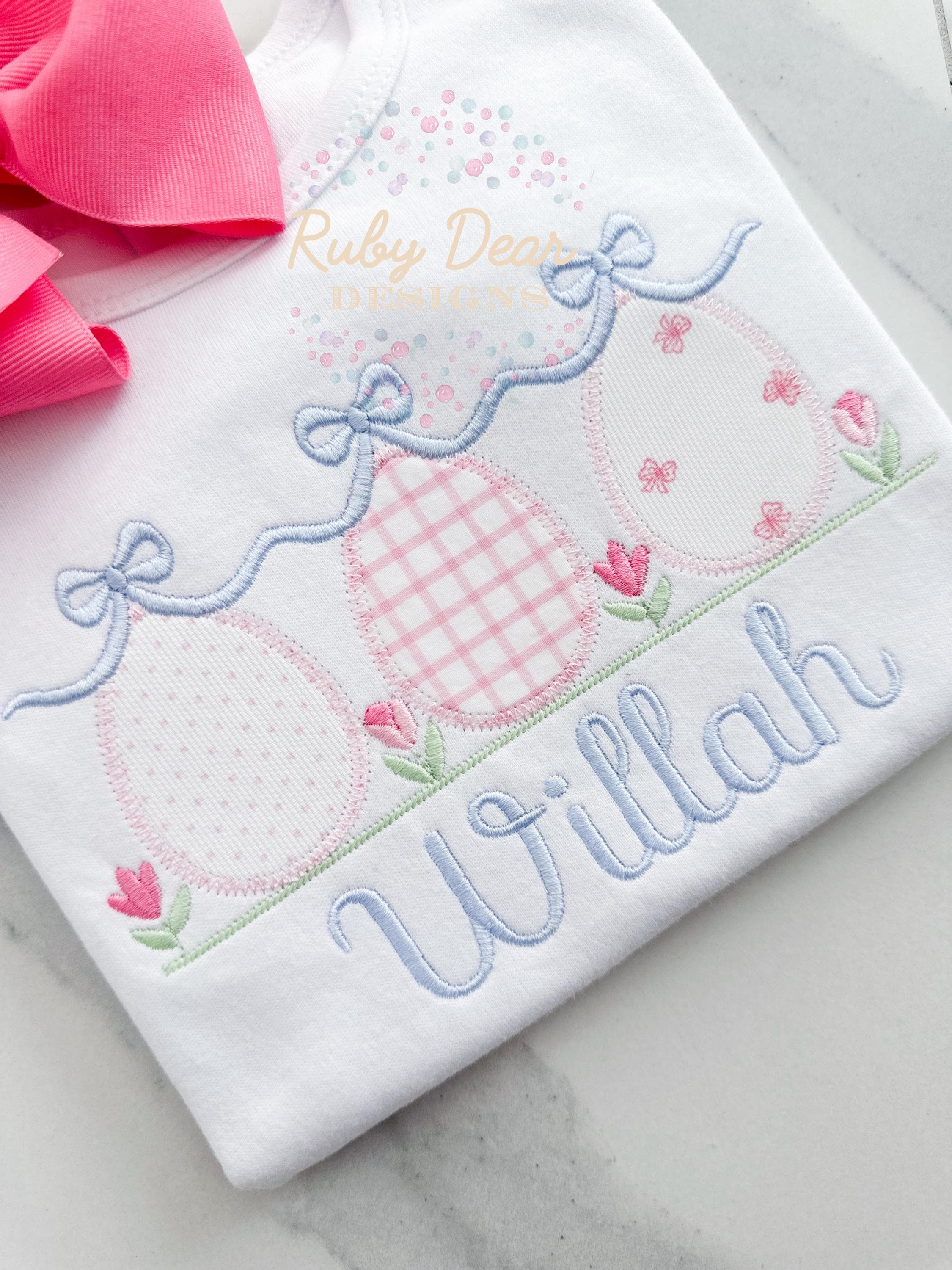 Easter Egg Trio and Elegant Bow Swag with Florals Zig Zag Appliqué Machine Embroidery Design