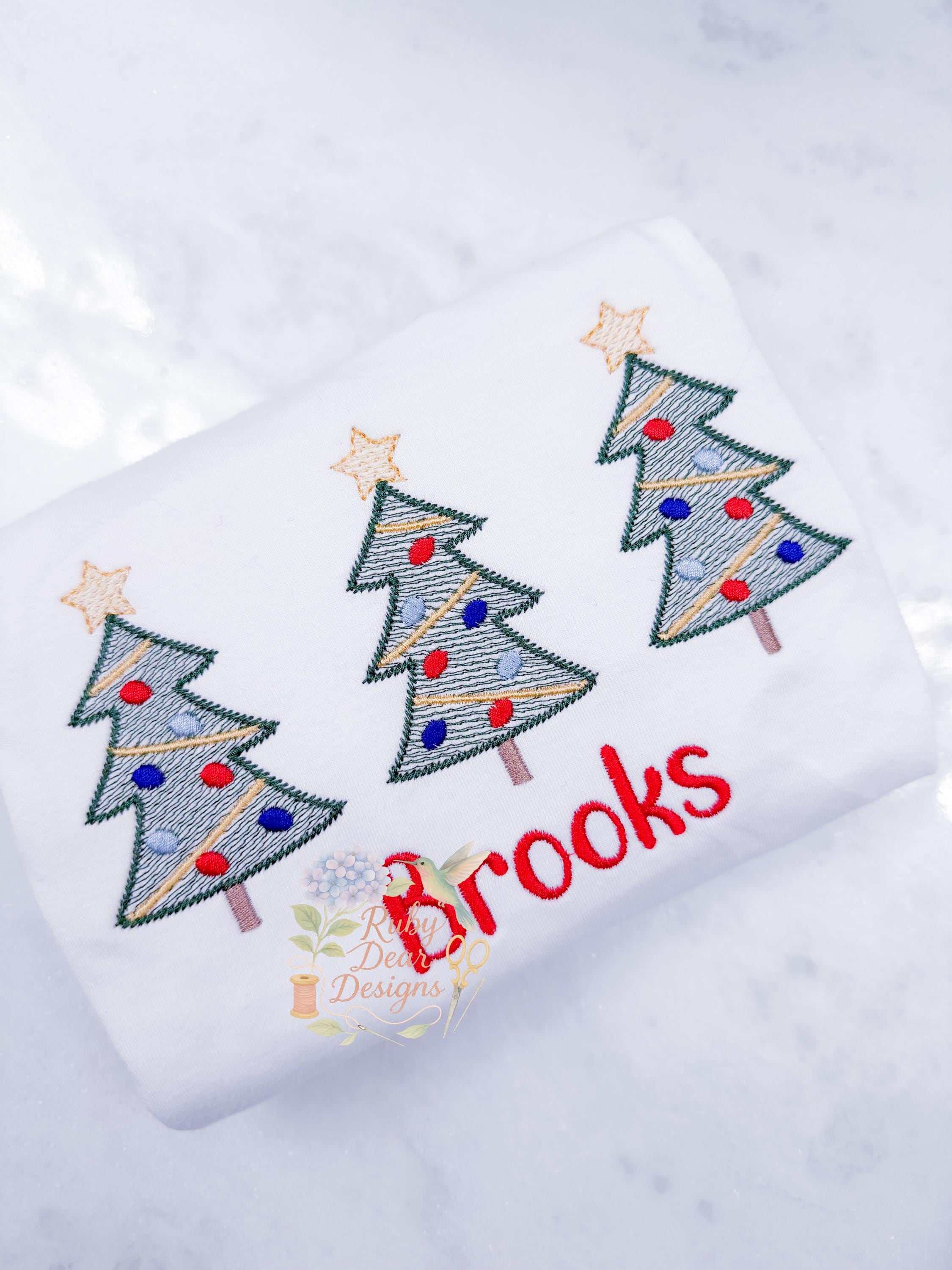 Christmas Tree Trio with Star Topper Sketch and Satin Stitch Machine Embroidery Design