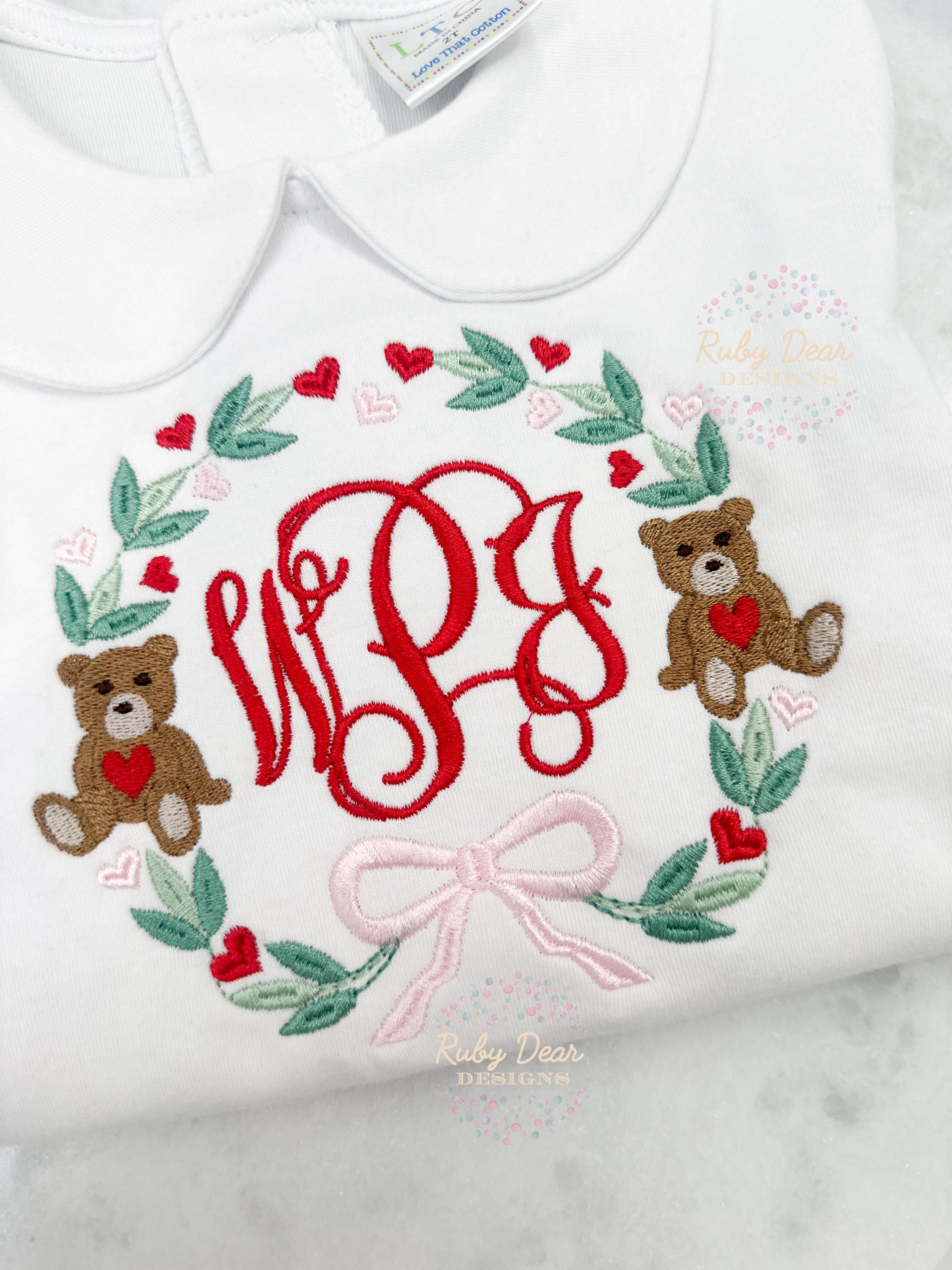 Valentine's Teddy Bear Monogram Frame Fill and Satin Stitch Machine Embroidery Design