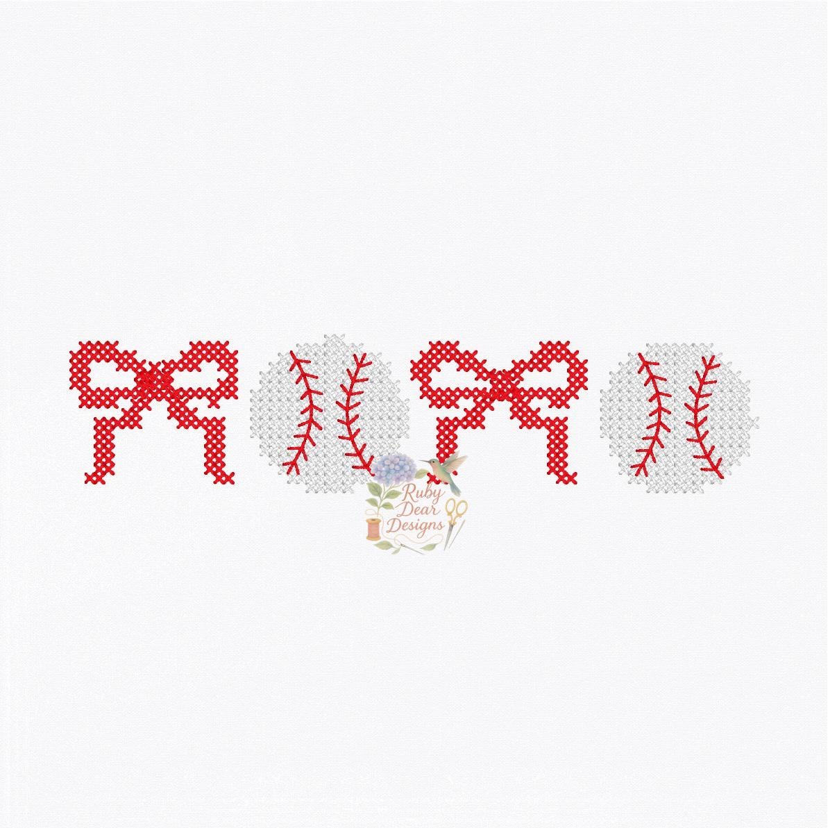 Baseball Bows Cross Stitch Inspired Machine Embroidery Design