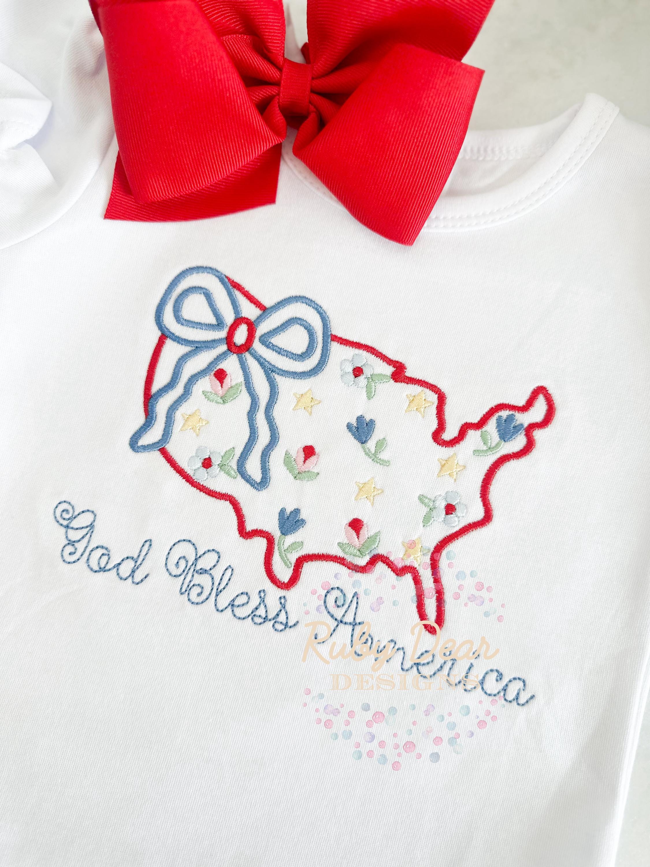 America July 4th Patriotic Outline with Florals and Stars Satin Stitch Machine Embroidery Design